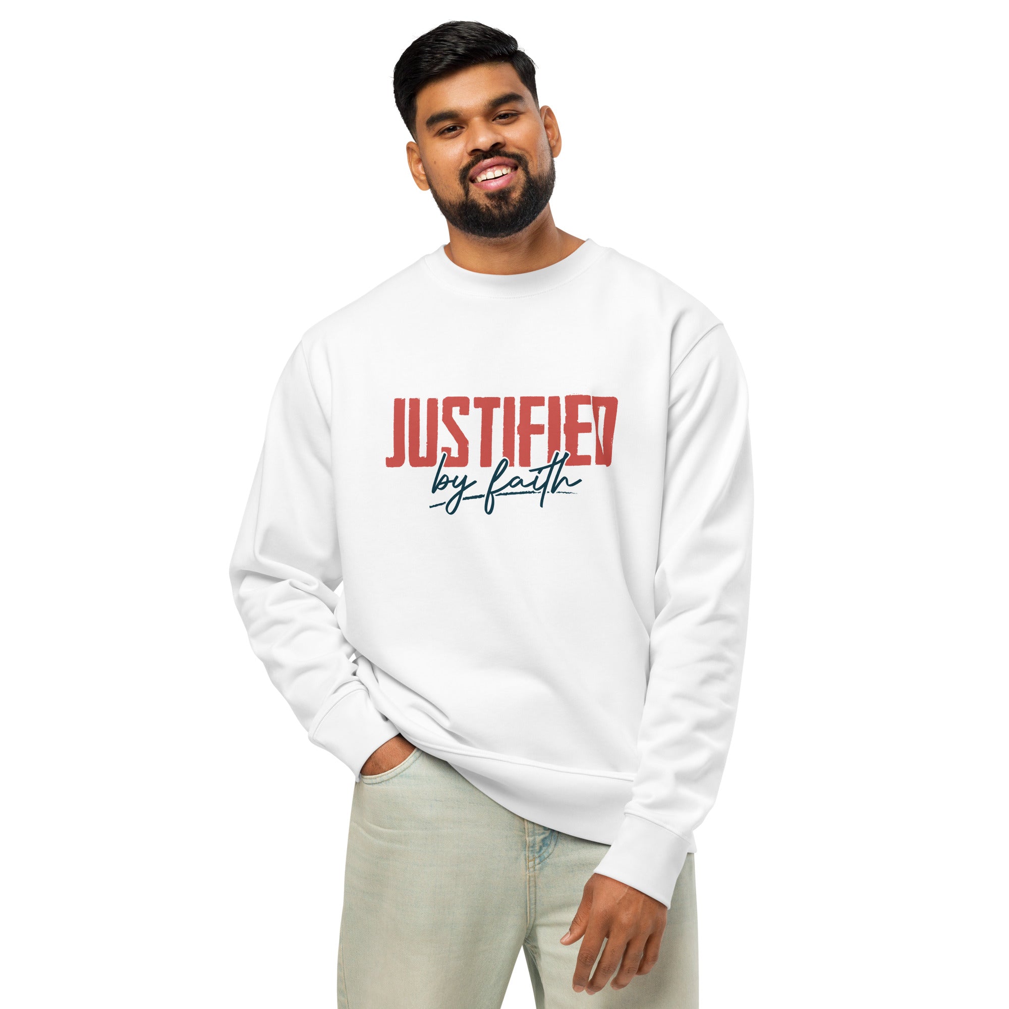 Image of Justified by Faith Christian sweatshirt white front detail view — Entrusted to Him