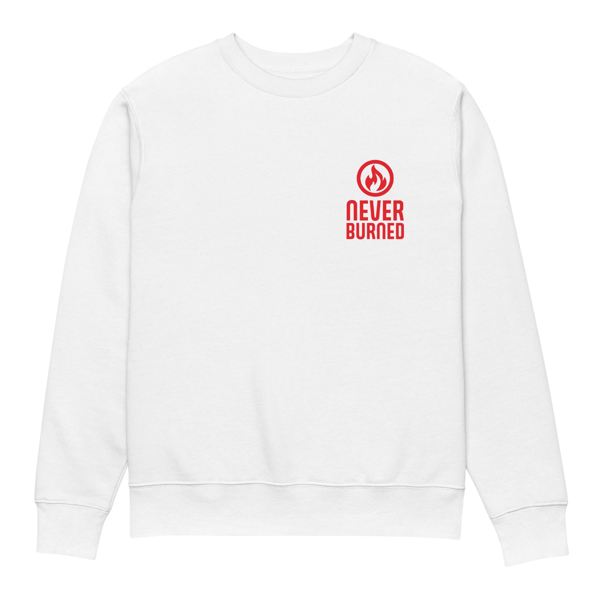 Image of Never Burn Christian sweatshirt white front view — Entrusted to Him