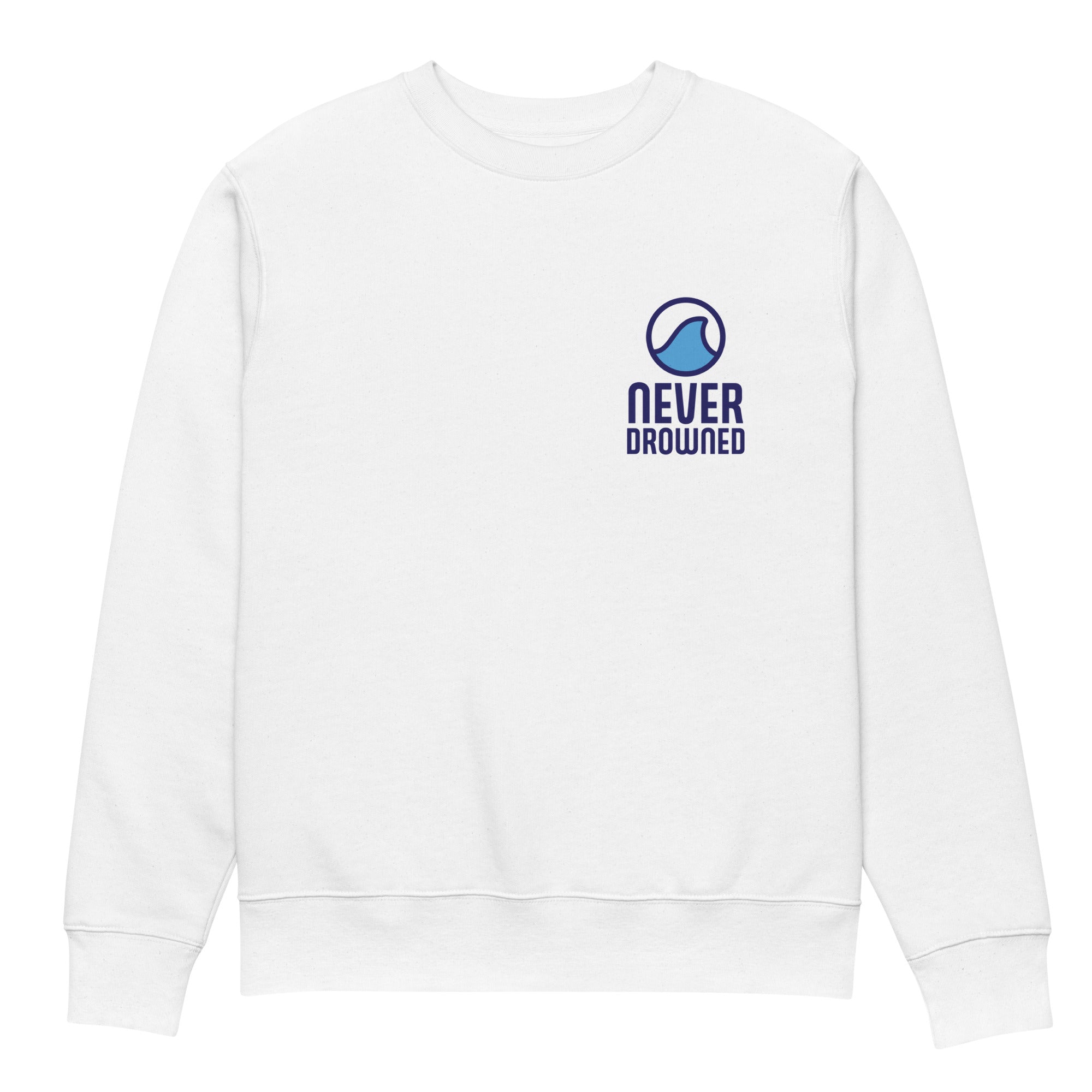 Image of Never Drowned Christian sweatshirt white front alternate view — Entrusted to Him