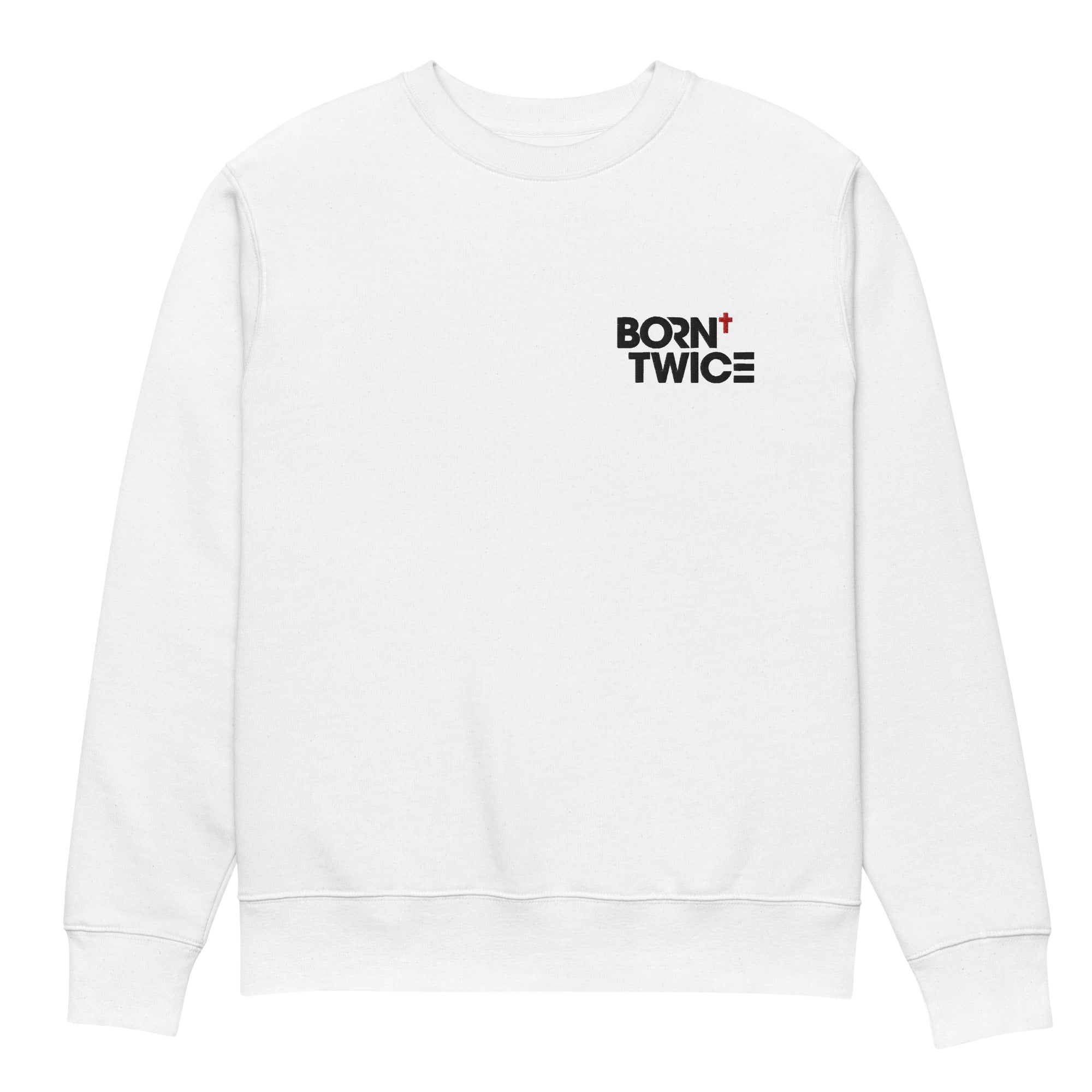 Image of Born Twice John 3:3 scripture sweatshirt white front view — Entrusted to Him