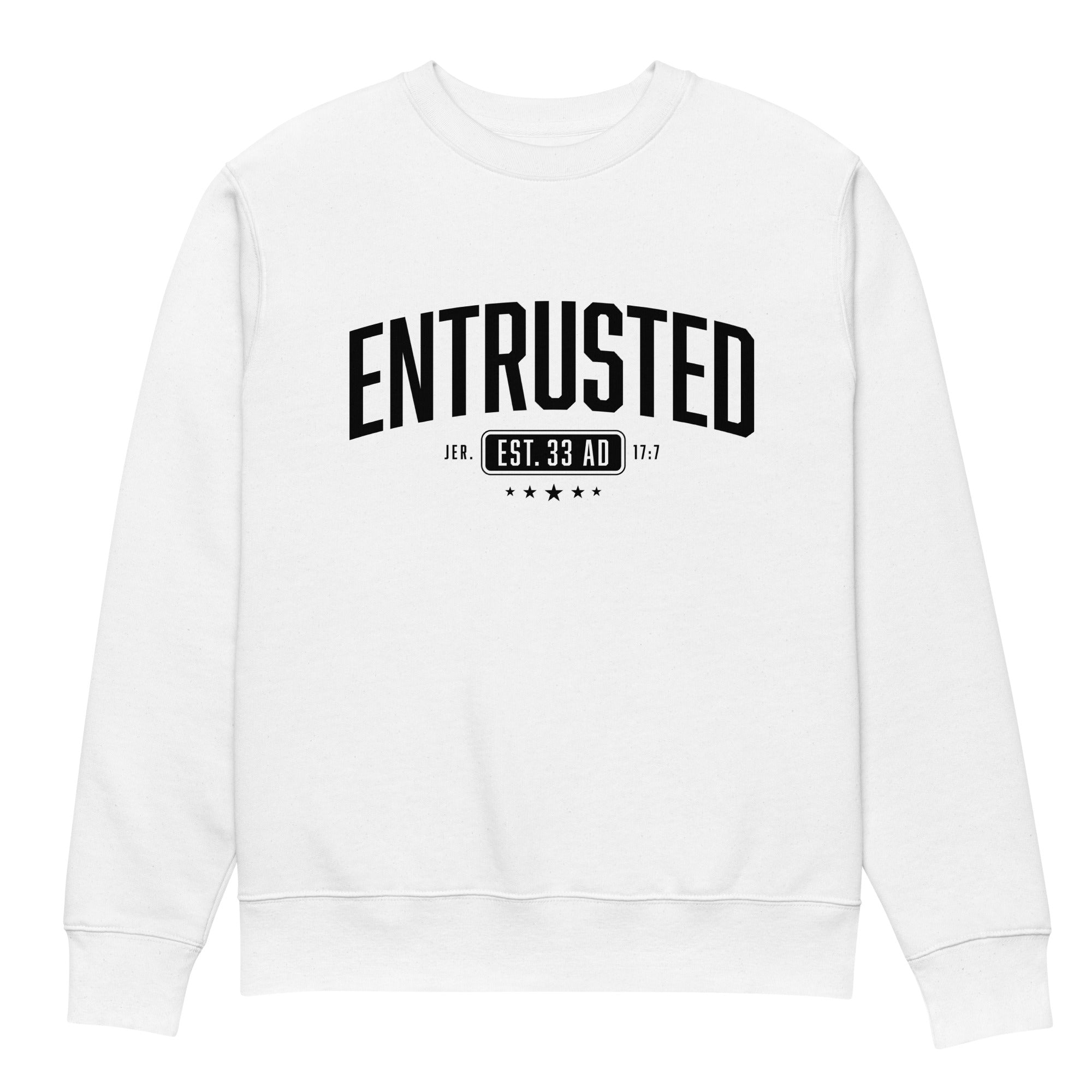 Image of Entrusted Est. 33AD organic Christian sweatshirt white front view — Entrusted to Him