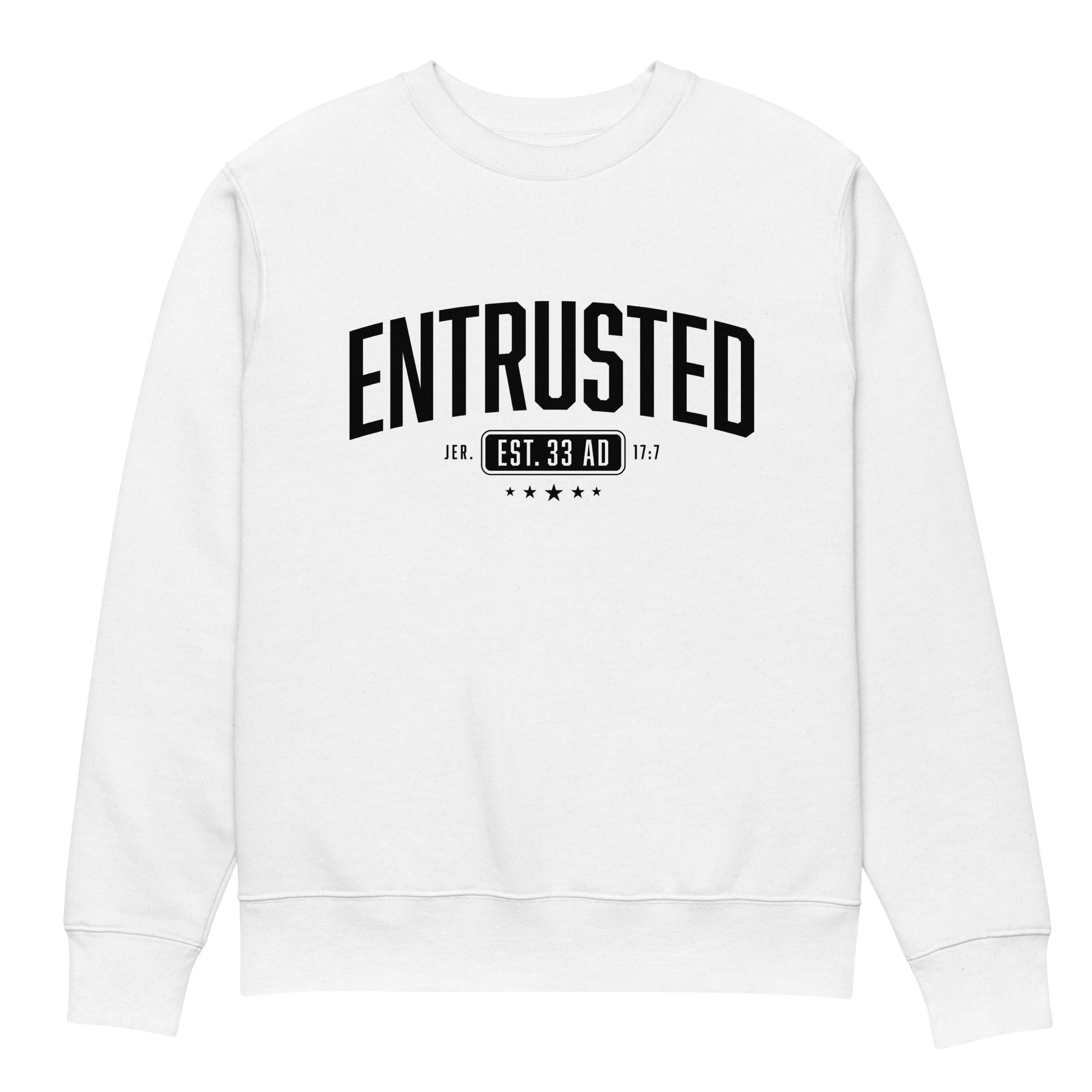 Entrusted Est. 33AD organic Christian sweatshirt white front view — Entrusted to Him