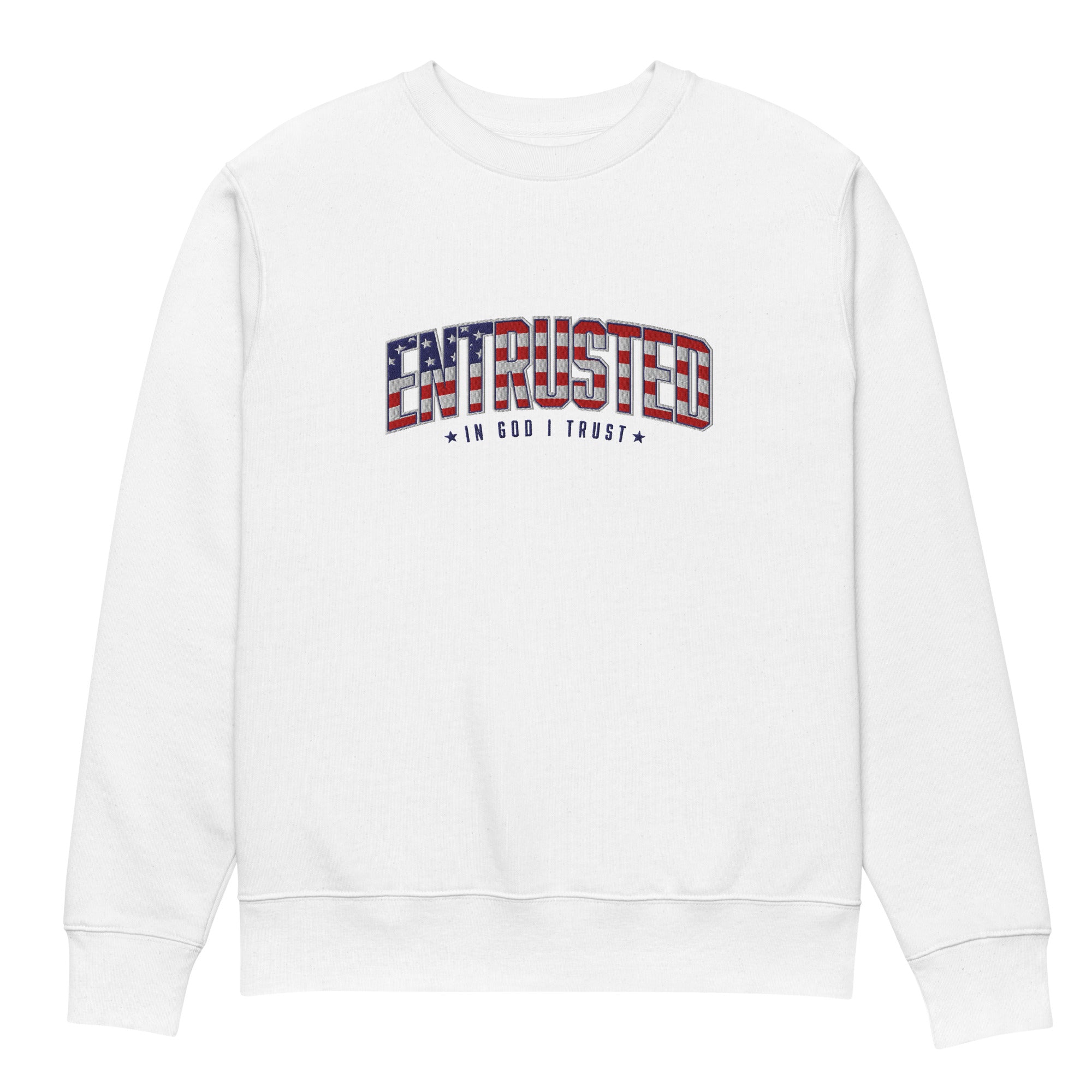 Image of Entrusted Patriotic Premium Embroidered Sweatshirt in White, front view with American flag In God I Trust design