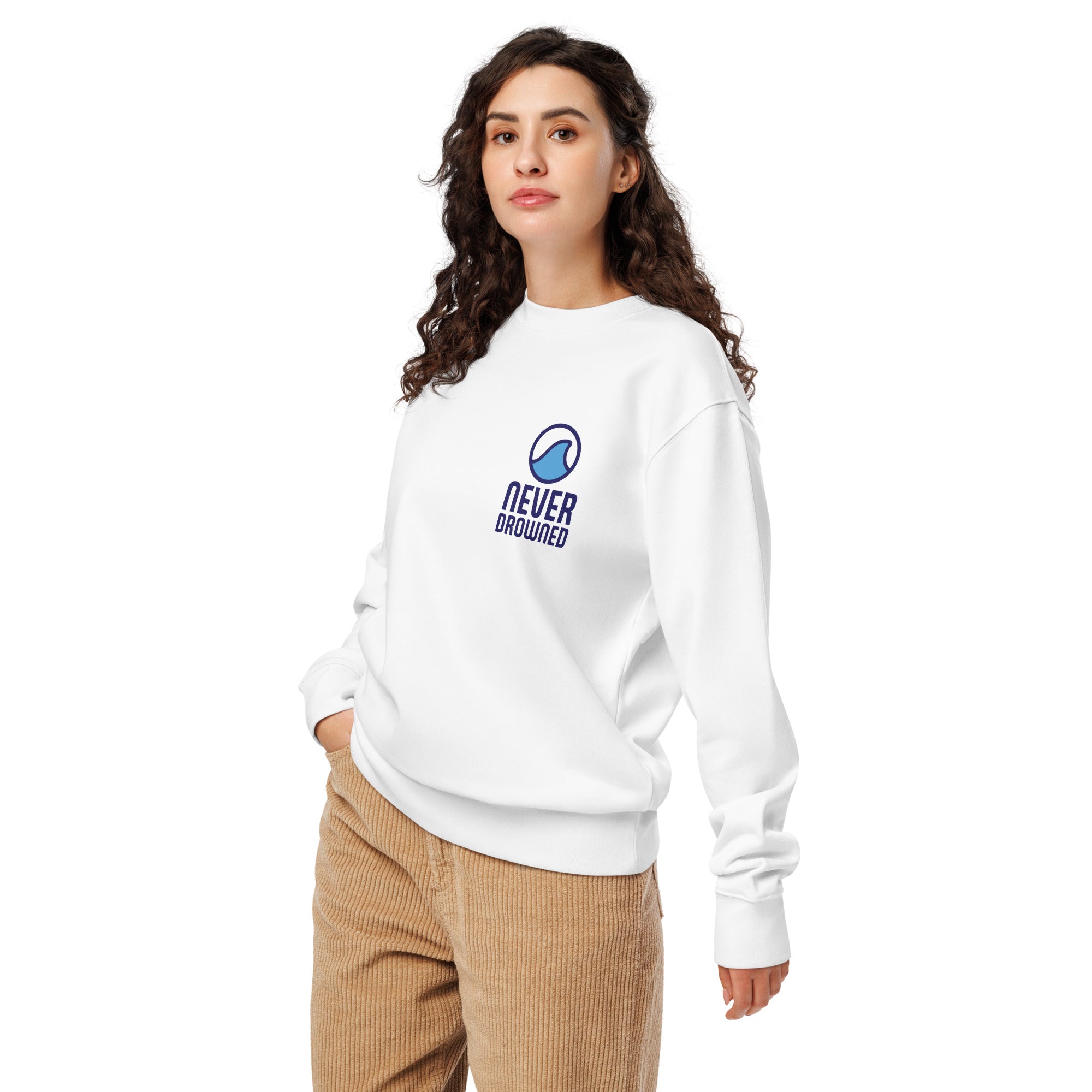 Image of Never Drowned organic sweatshirt white left front view — Entrusted to Him
