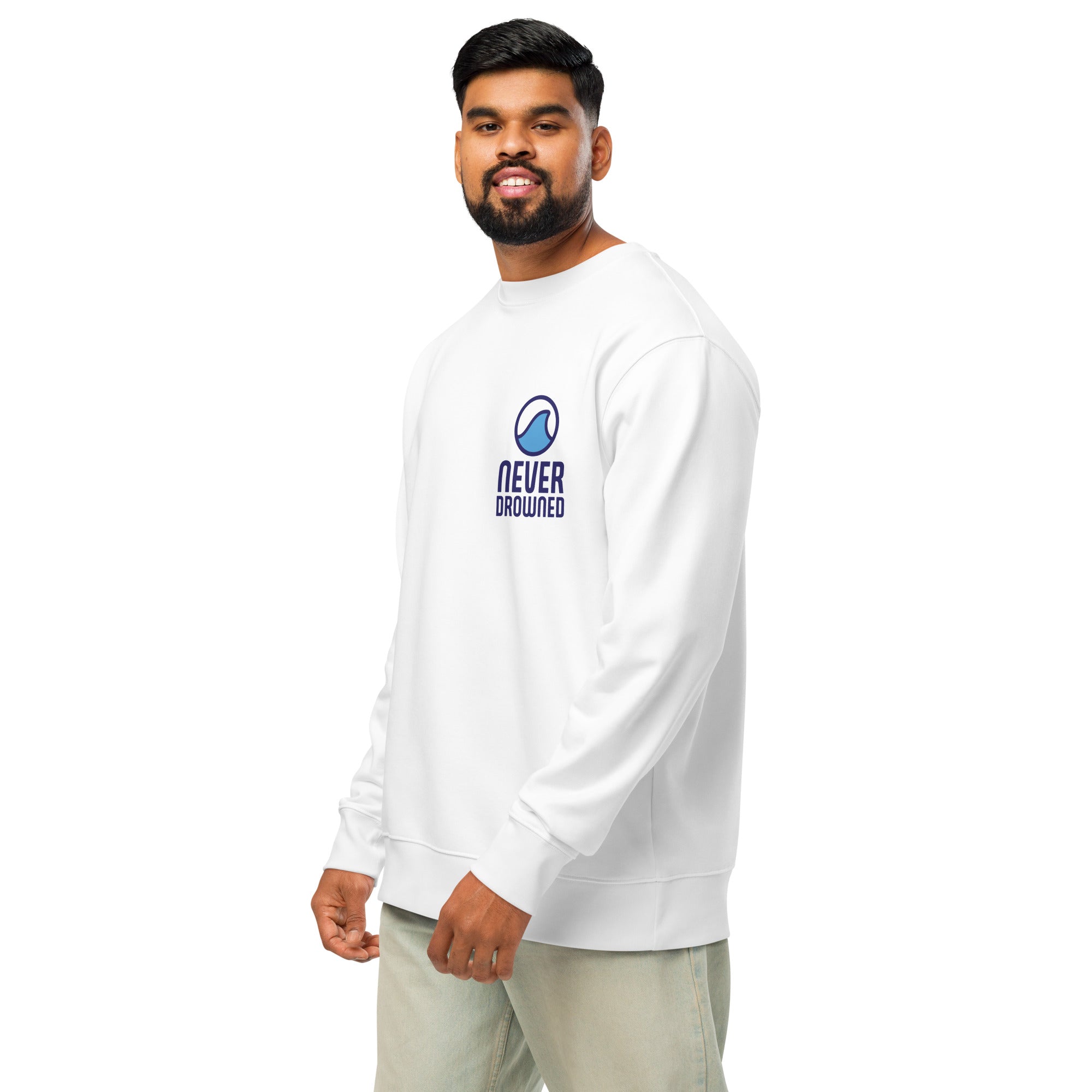 Image of Never Drowned faith sweatshirt white left front close-up — Entrusted to Him faith apparel