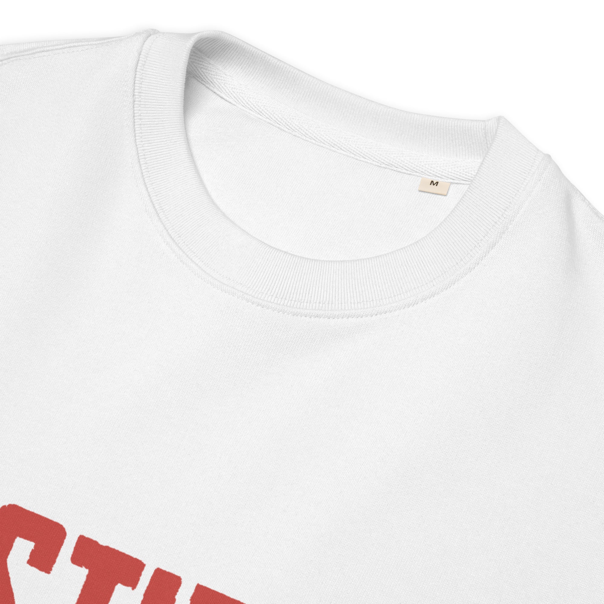 Image of Justified by Faith scripture sweatshirt white embroidery detail view — Entrusted to Him