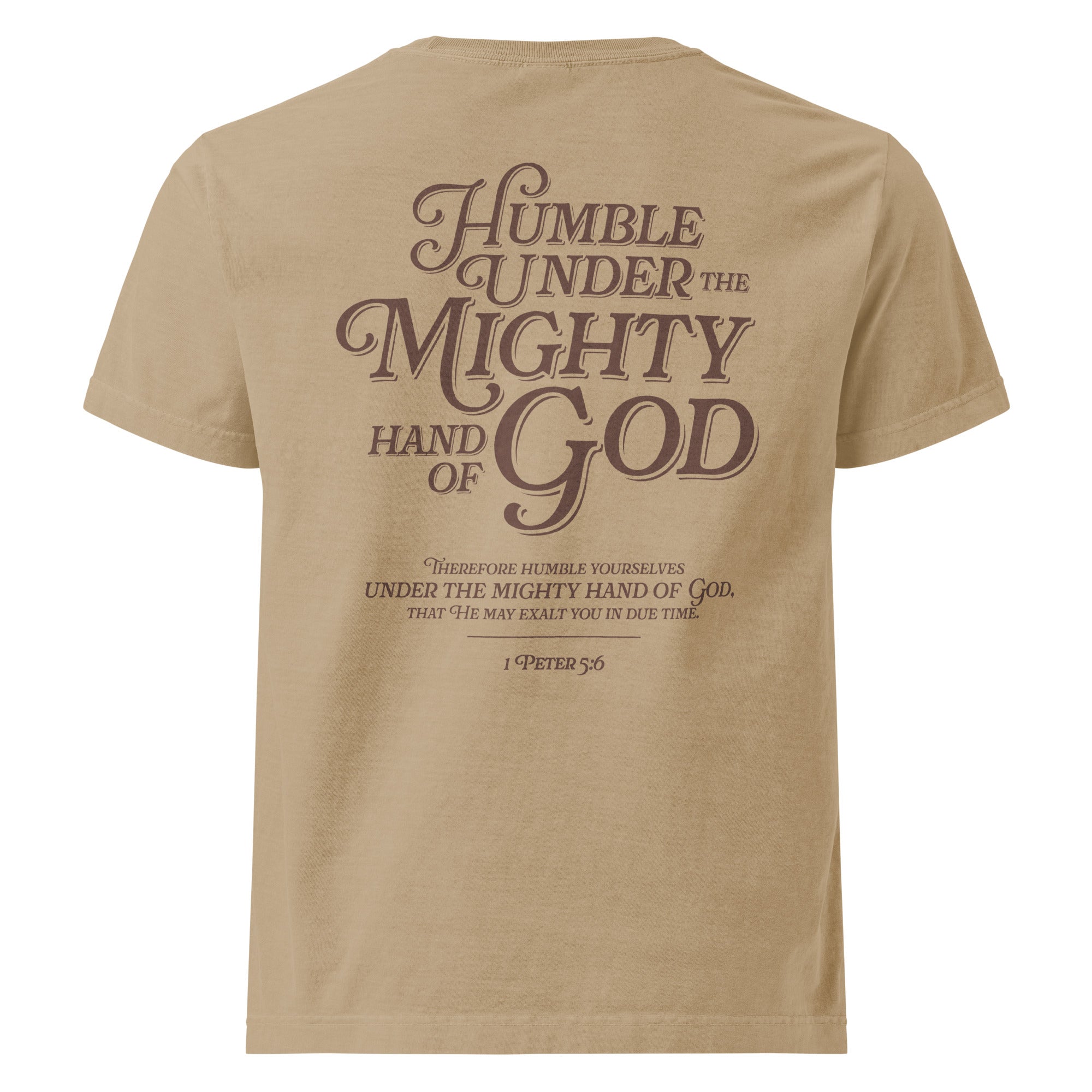 Image of Humble Under Bible verse shirt khaki back view — Entrusted to Him