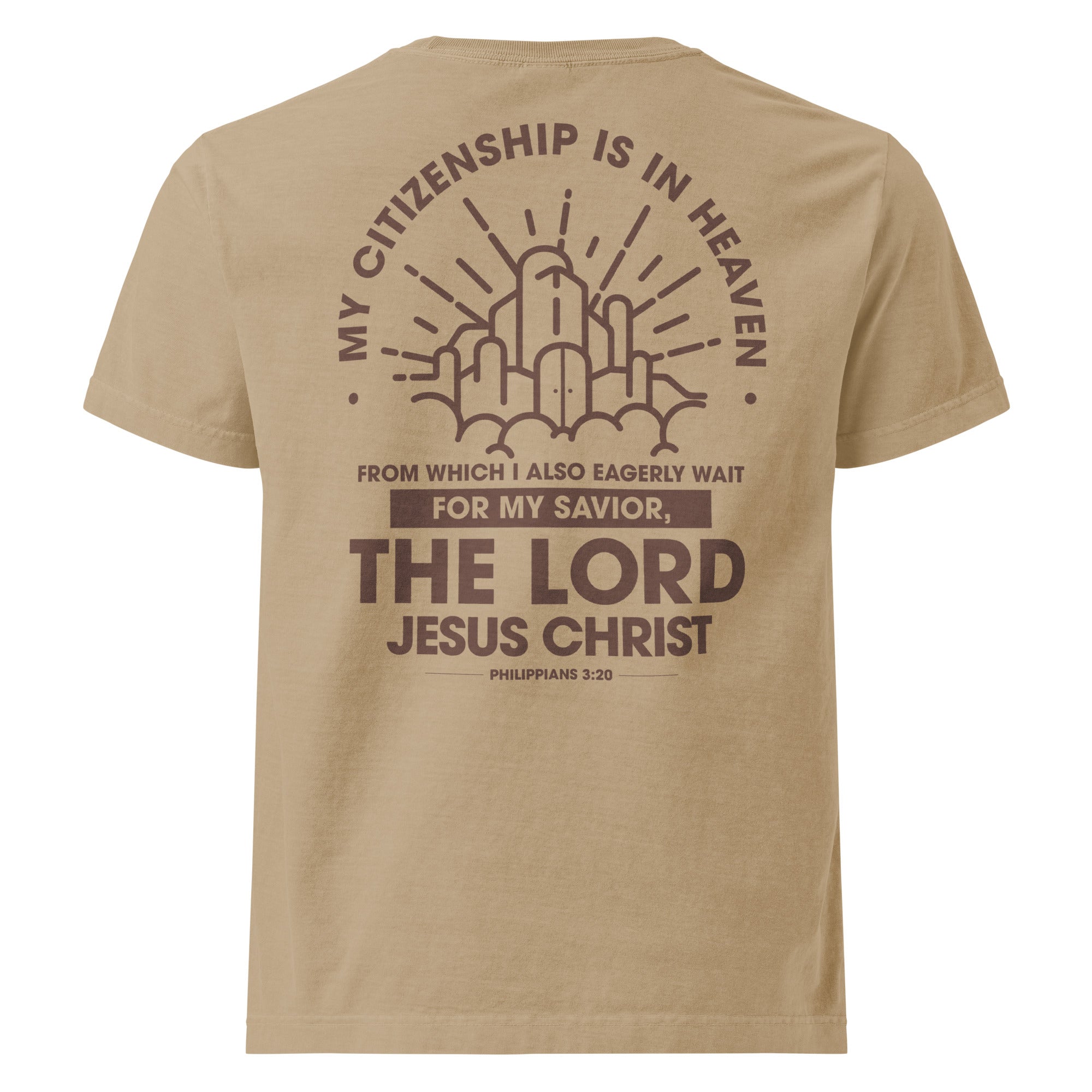Image of Citizen of Heaven oversized Jesus shirt khaki back view — Entrusted to Him