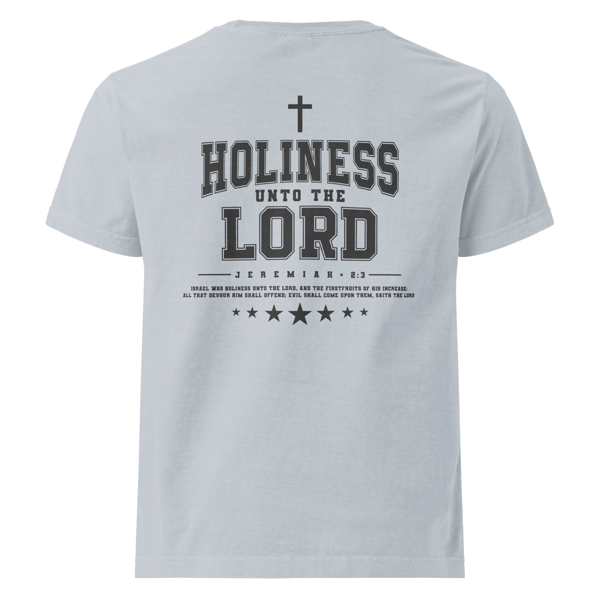 Image of Holiness Unto The Lord oversized Christian t-shirt light washed denim back view — Entrusted to Him