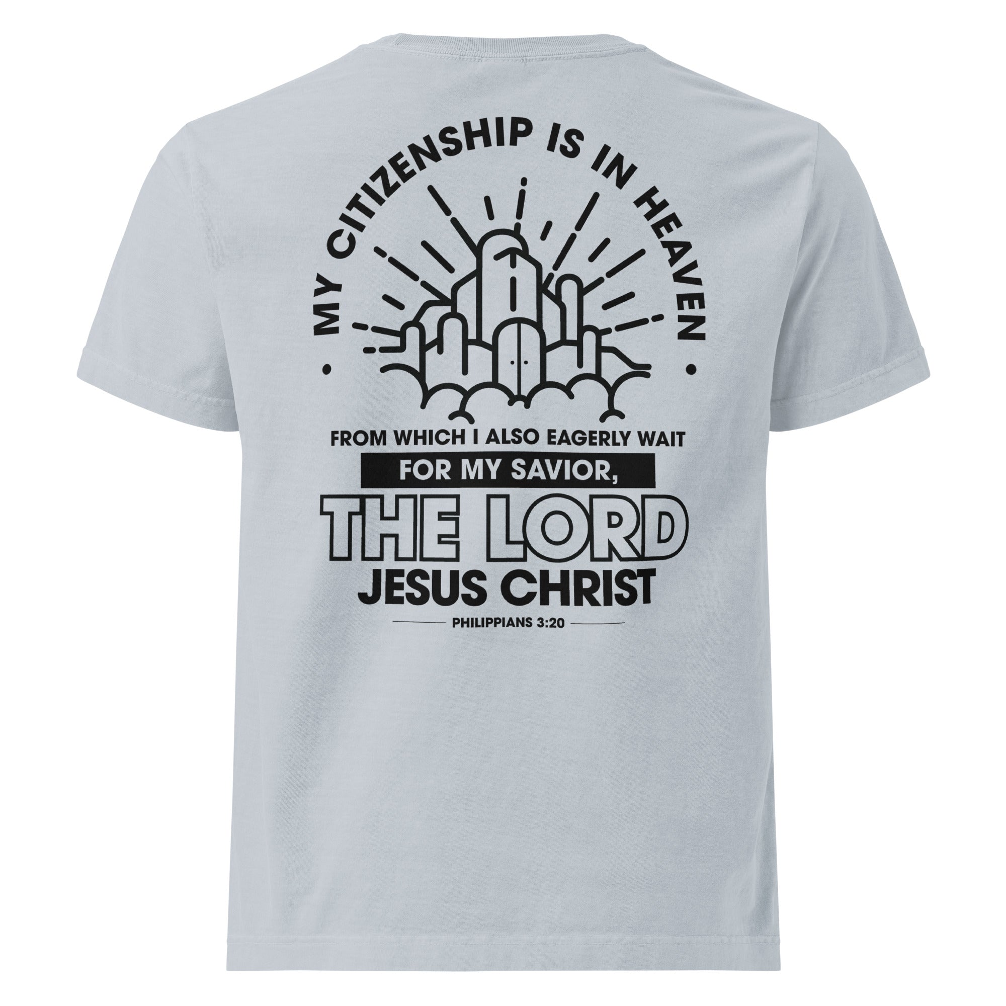 Image of Citizen of Heaven Christian apparel light washed denim back view — Entrusted to Him