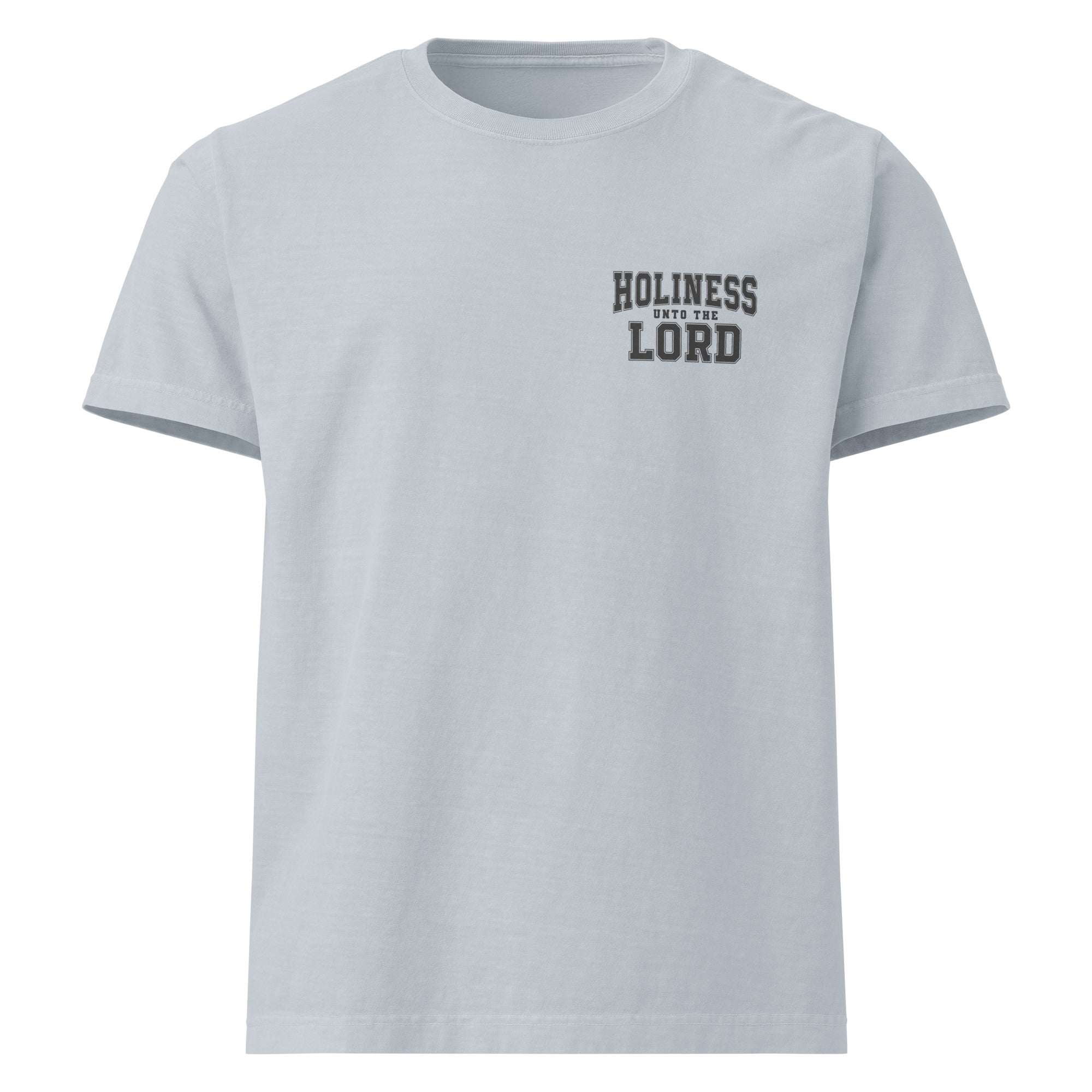 Image of Holiness Unto The Lord Christian apparel light washed denim front view — Entrusted to Him