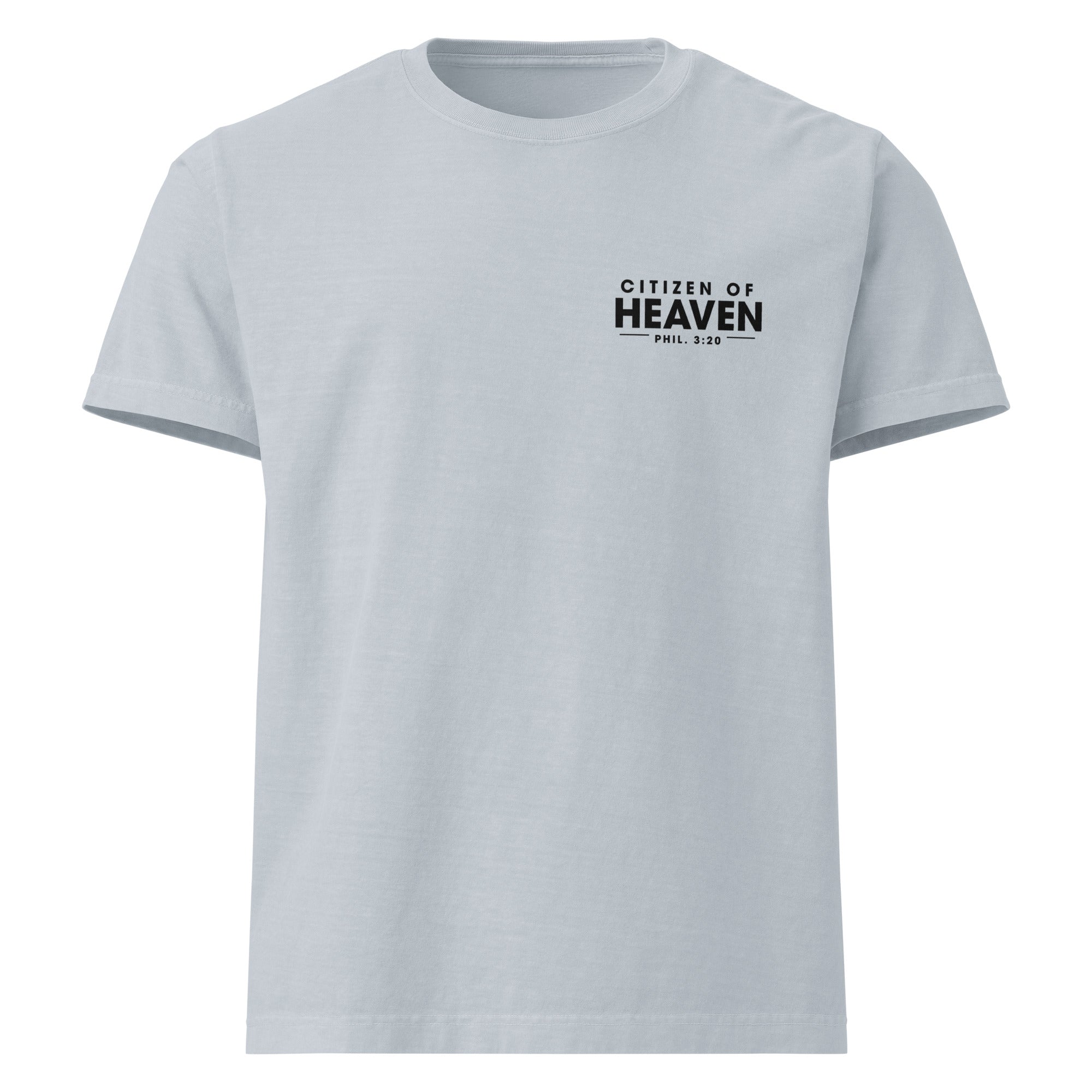 Image of Citizen of Heaven Jesus t-shirt light washed denim front view — Entrusted to Him