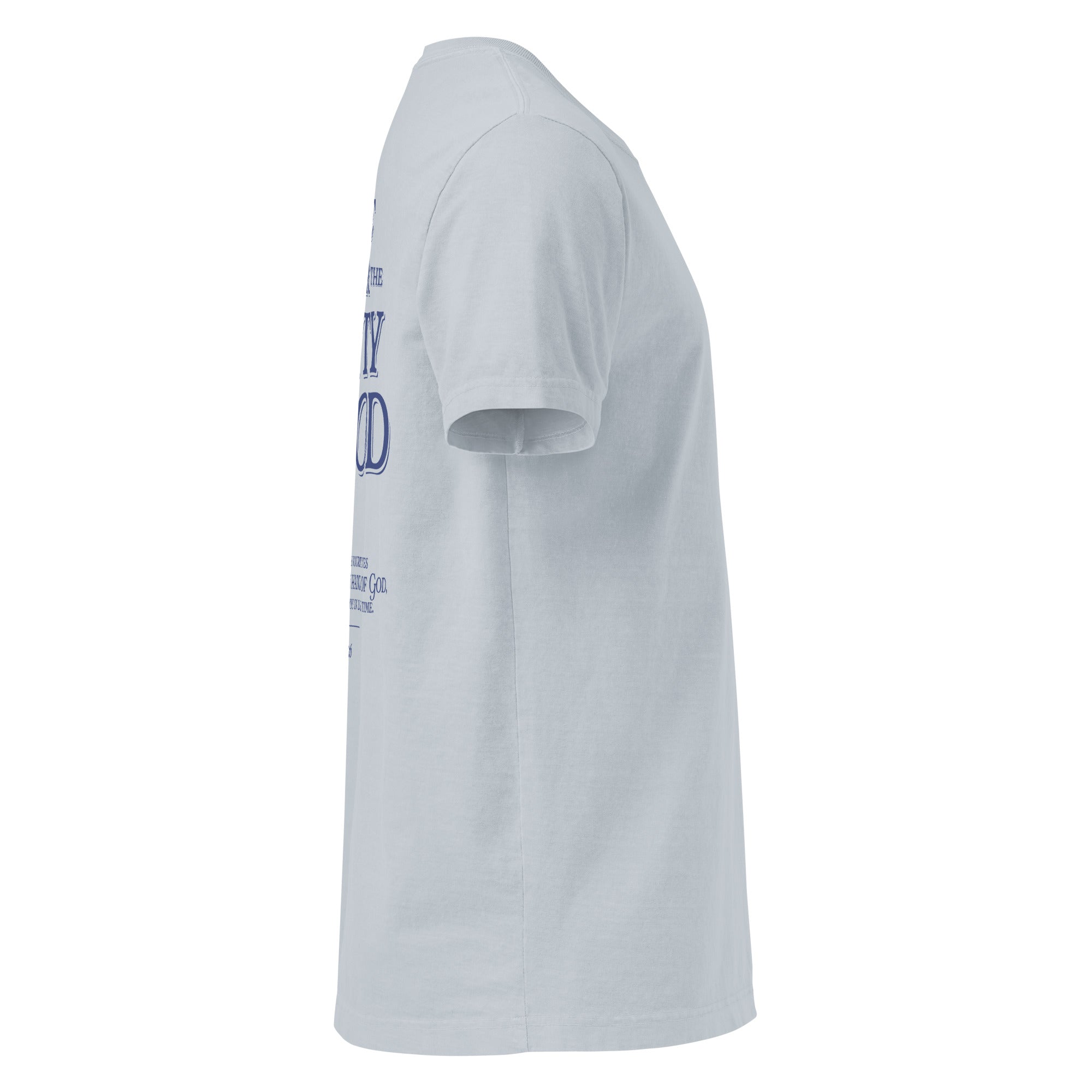 Image of Humble Under Bible verse shirt light washed denim right side view — Entrusted to Him