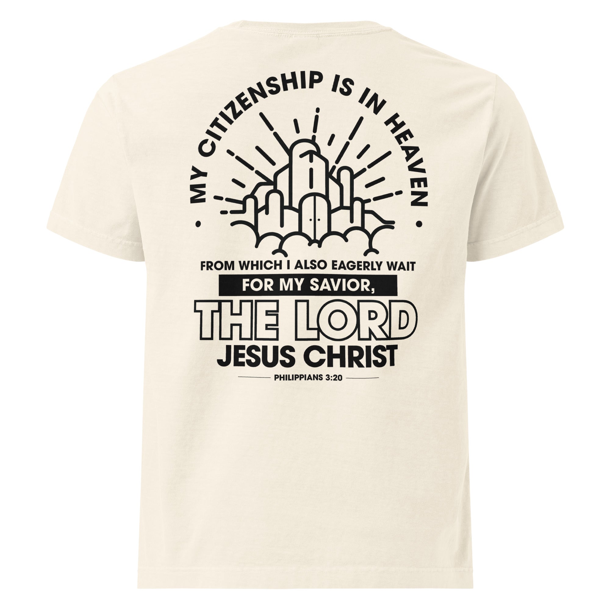 Image of Citizen of Heaven oversized Christian t-shirt vintage white back view — Entrusted to Him