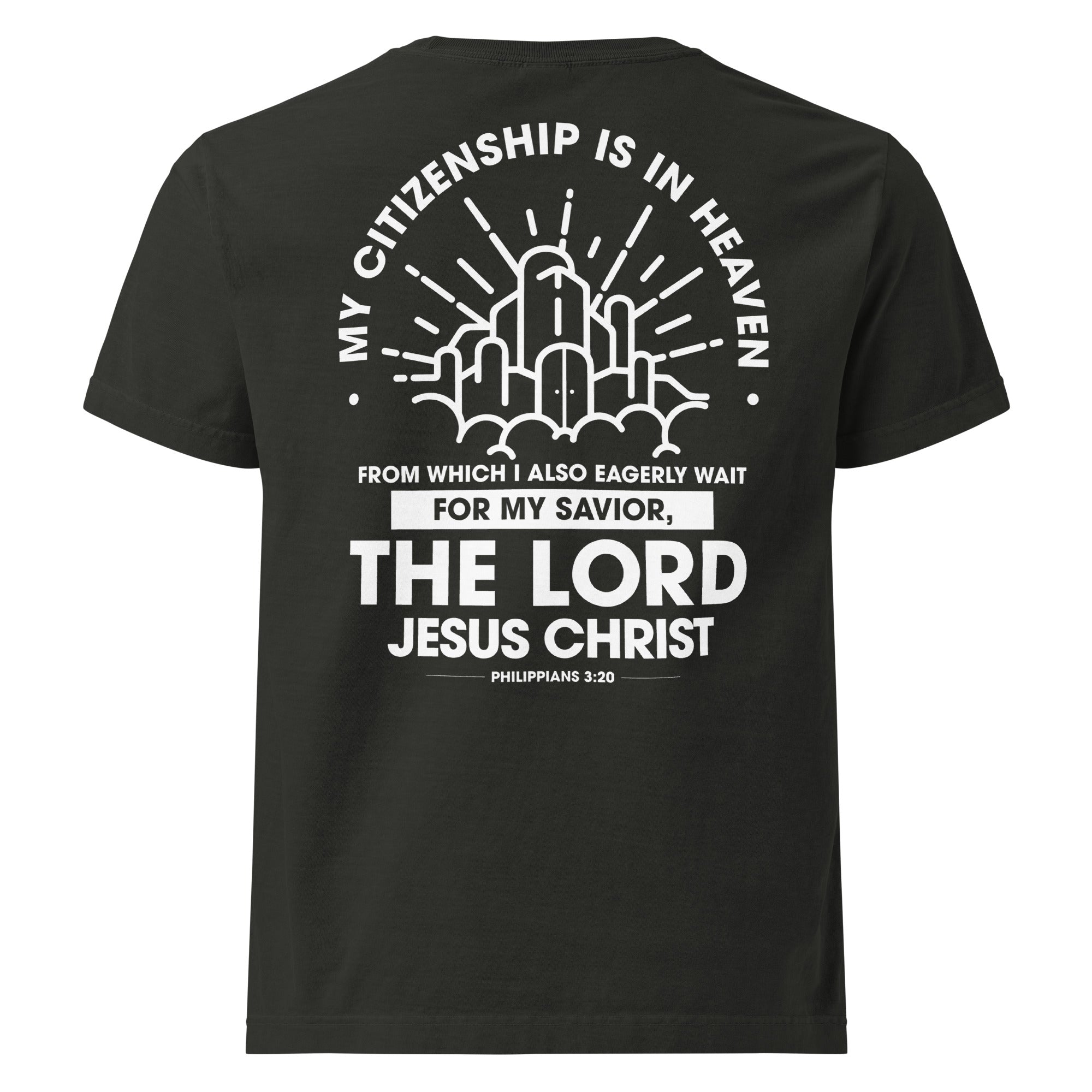 Image of Citizen of Heaven oversized Jesus shirt washed black back view — Entrusted to Him