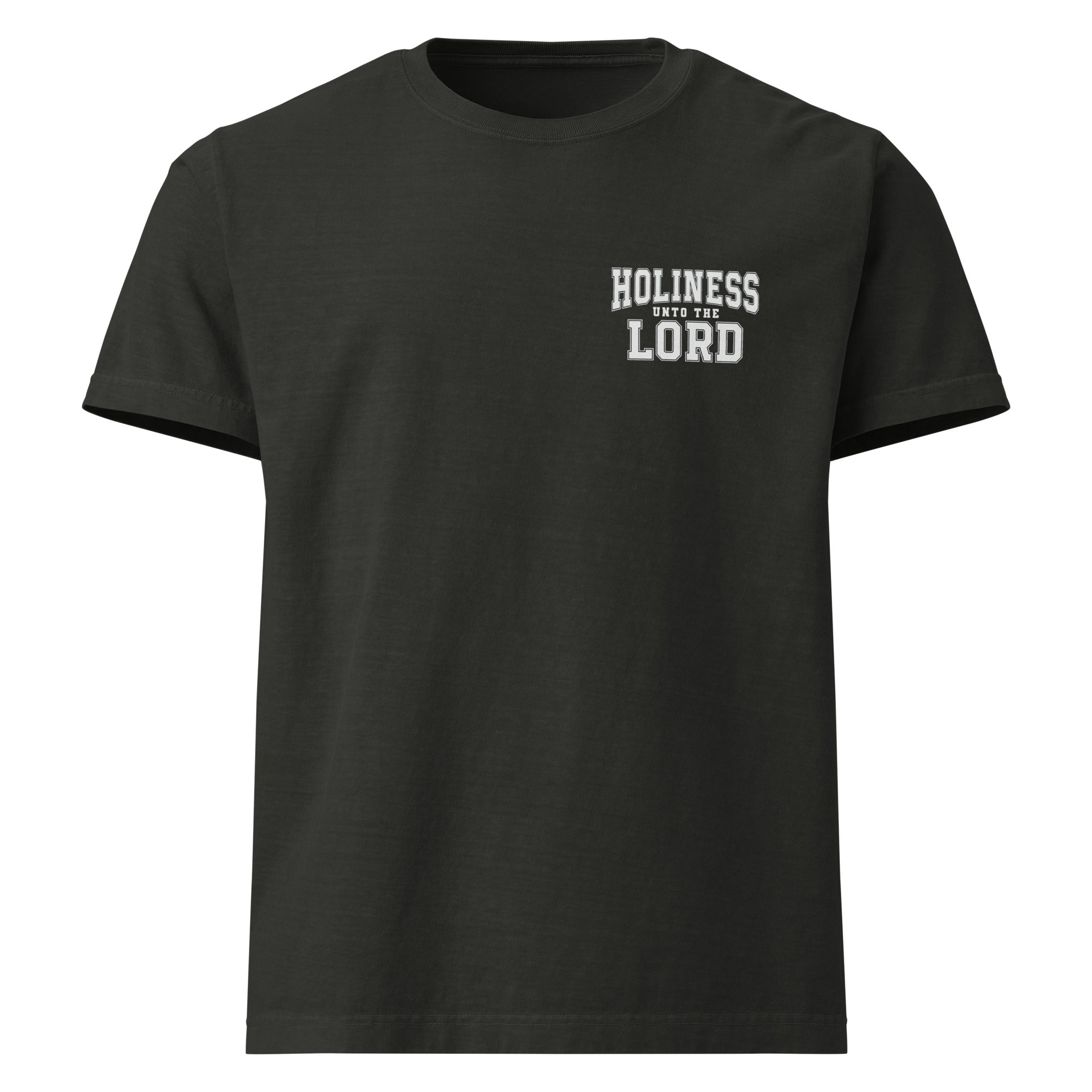 Image of Holiness Unto The Lord Christian graphic tee washed black front view — Entrusted to Him