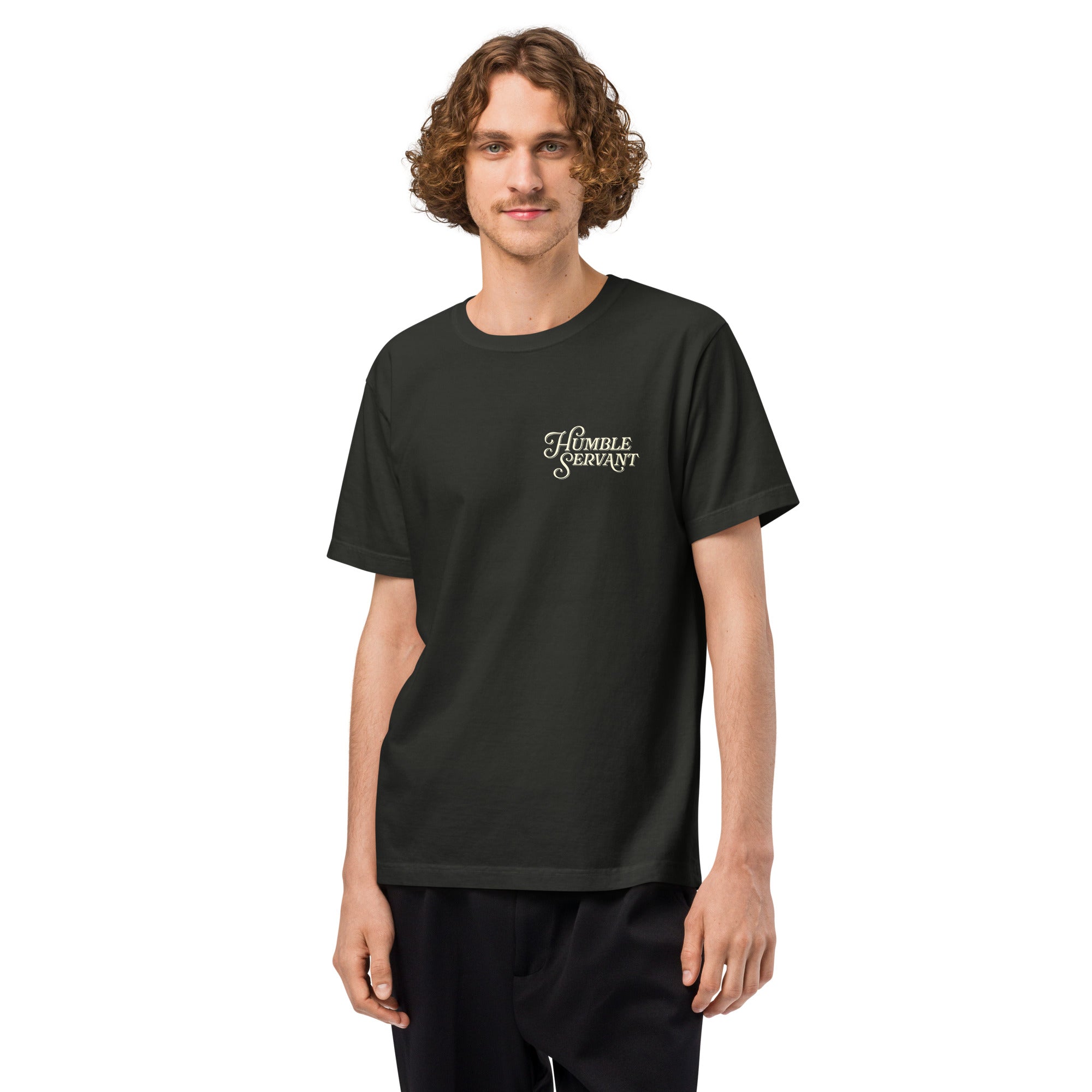 Image of Humble Under Jesus t-shirt washed black front detail view — Entrusted to Him