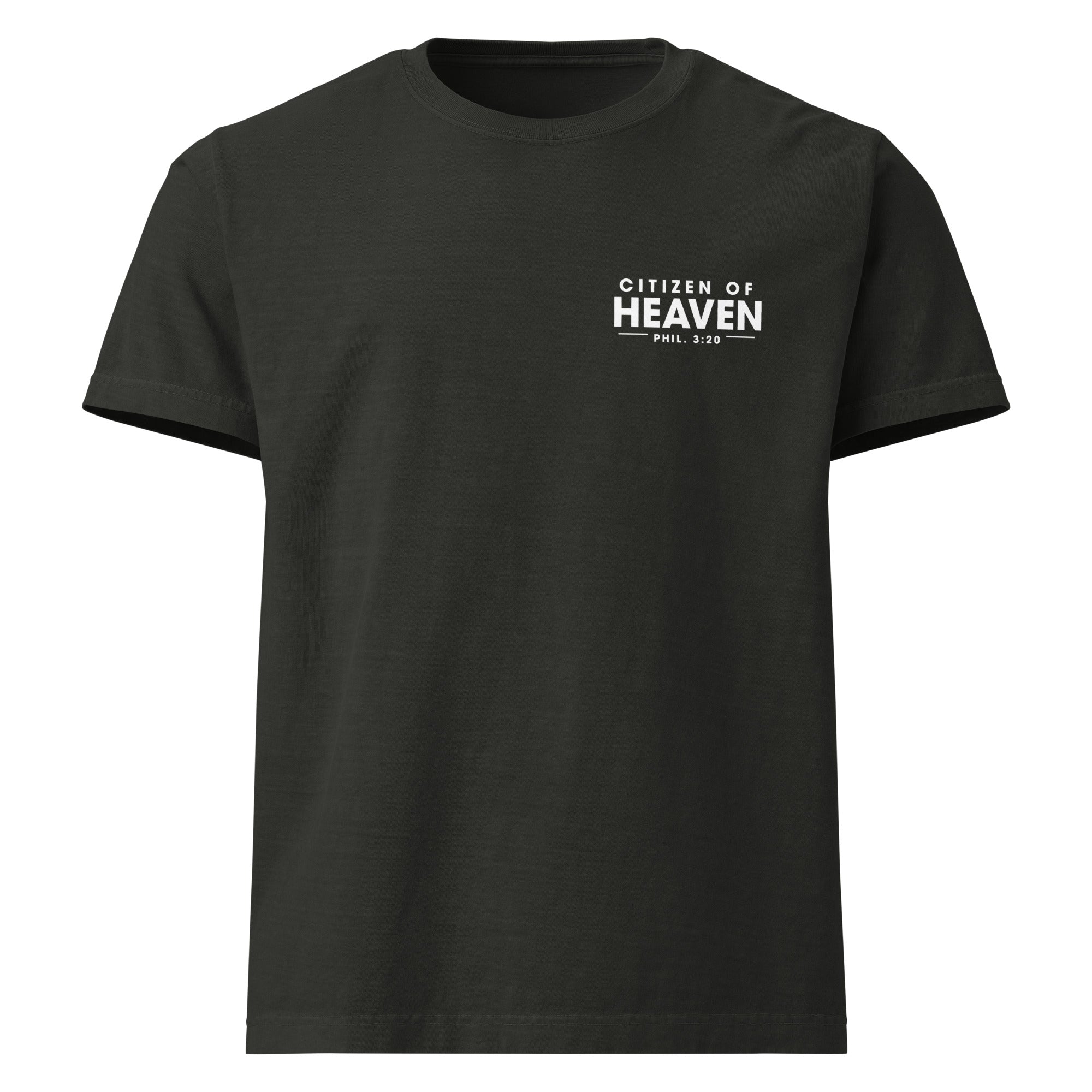 Image of Citizen of Heaven Christian graphic tee washed black front view — Entrusted to Him