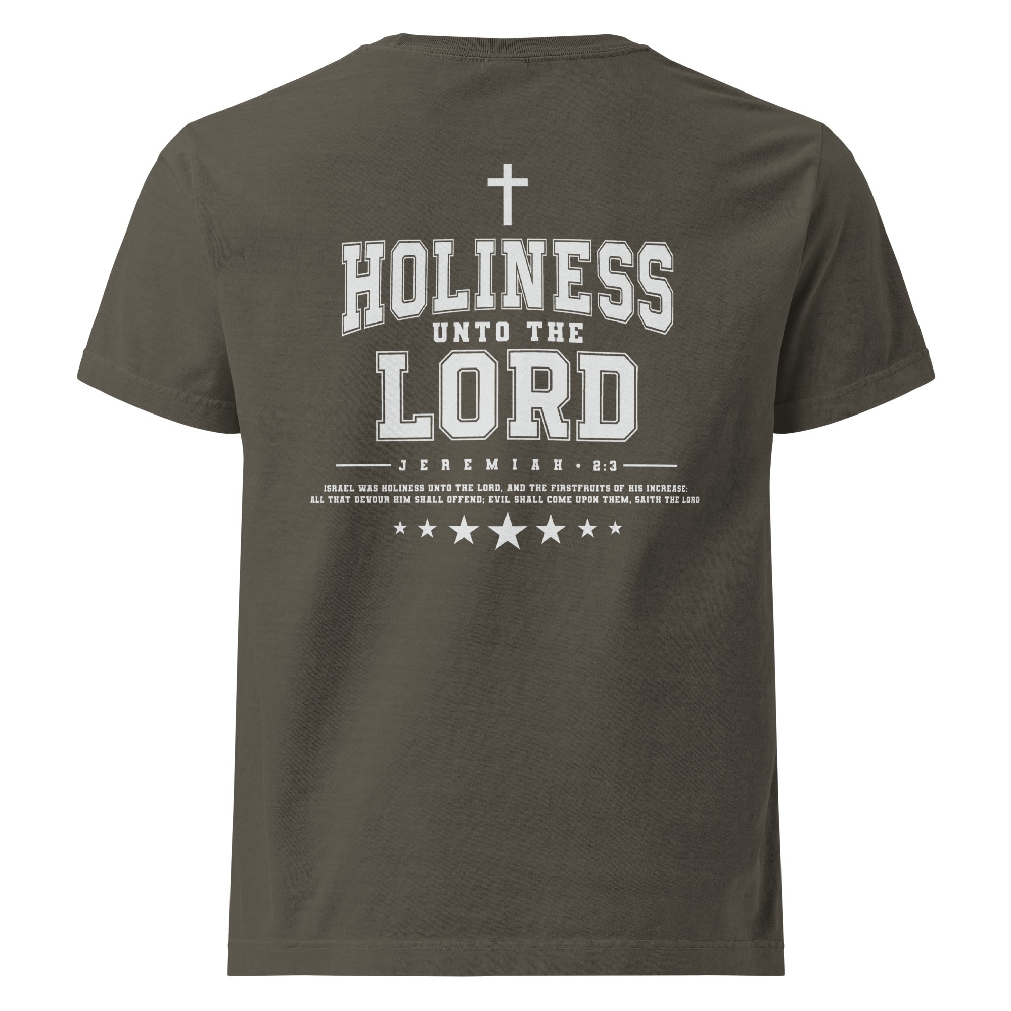 Image of Holiness Unto The Lord Christian t-shirt washed charcoal back view — Entrusted to Him