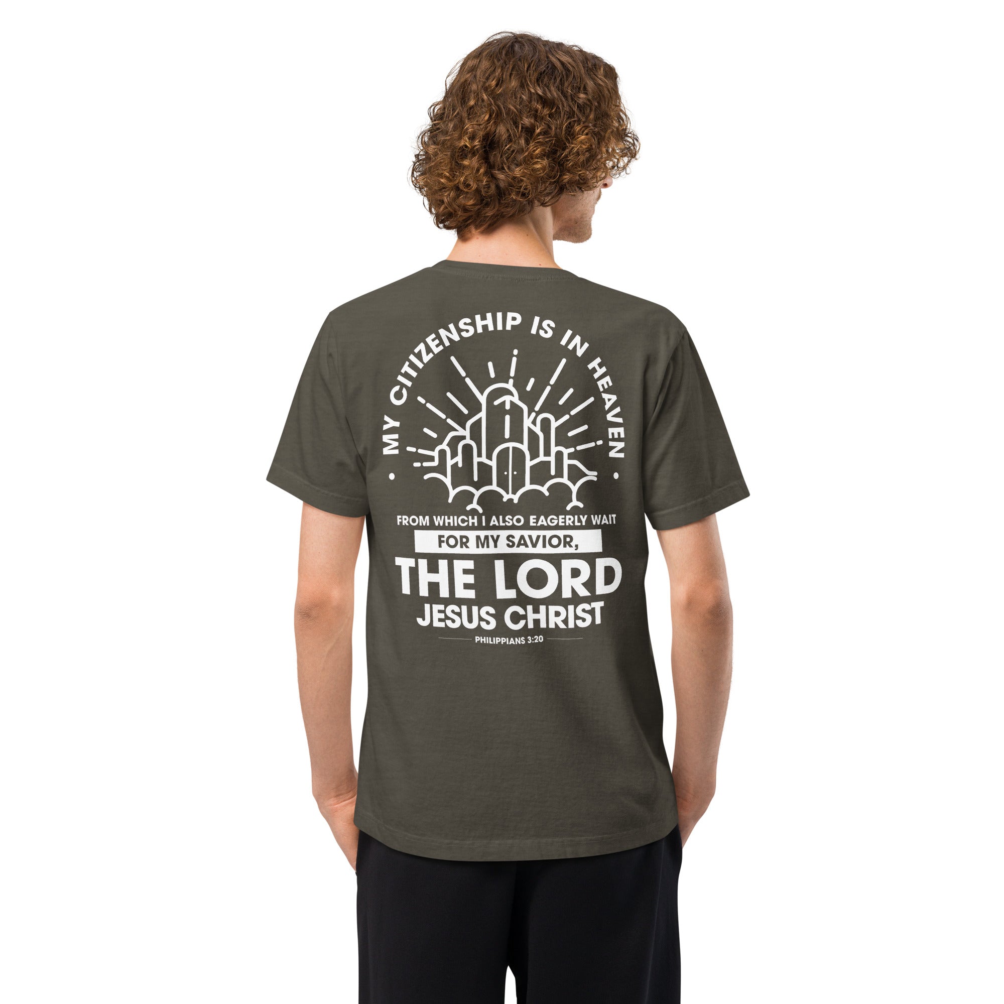 Image of Citizen of Heaven oversized Christian t-shirt washed charcoal back alternate view — Entrusted to Him