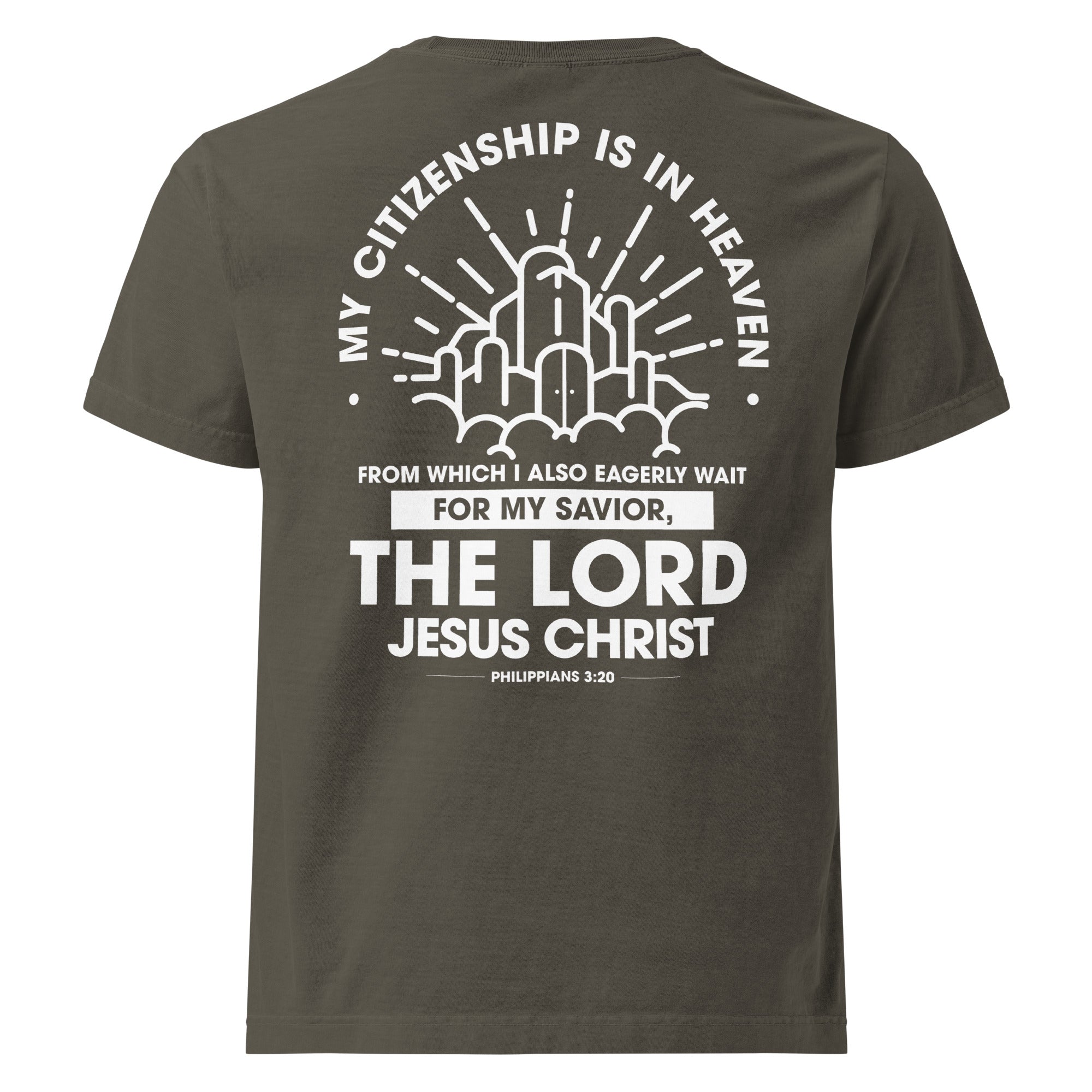 Image of Citizen of Heaven oversized Jesus shirt washed charcoal back view — Entrusted to Him