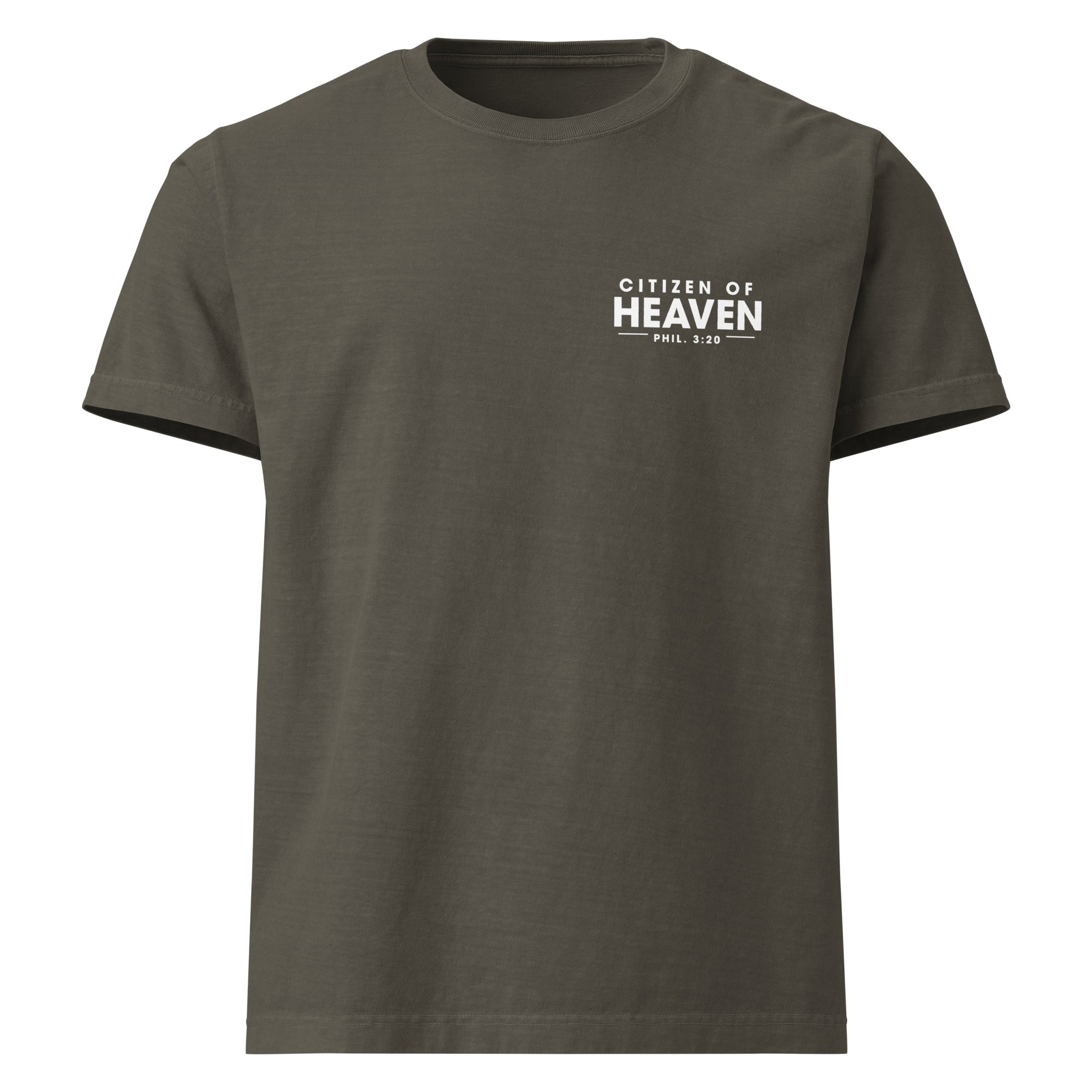 Image of Citizen of Heaven Christian graphic tee washed charcoal front view — Entrusted to Him