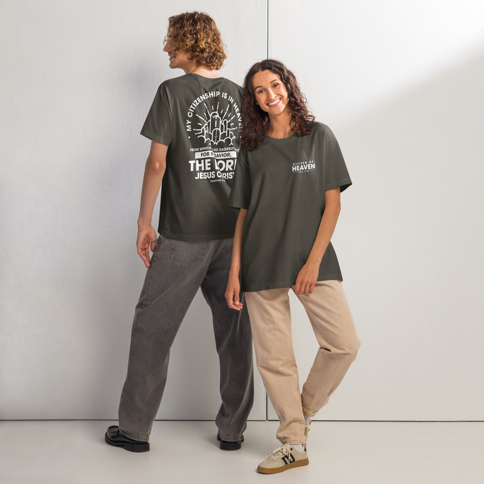 Image of Citizen of Heaven Christian clothing washed charcoal front and back view — Entrusted to Him