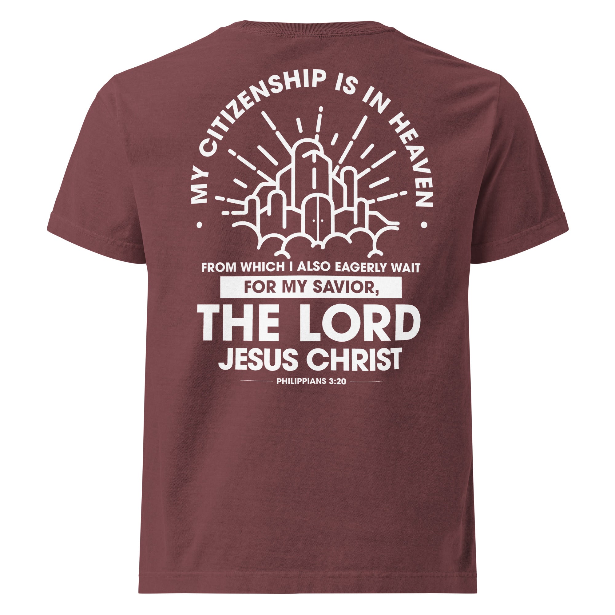 Image of Citizen of Heaven Christian apparel washed maroon back view — Entrusted to Him