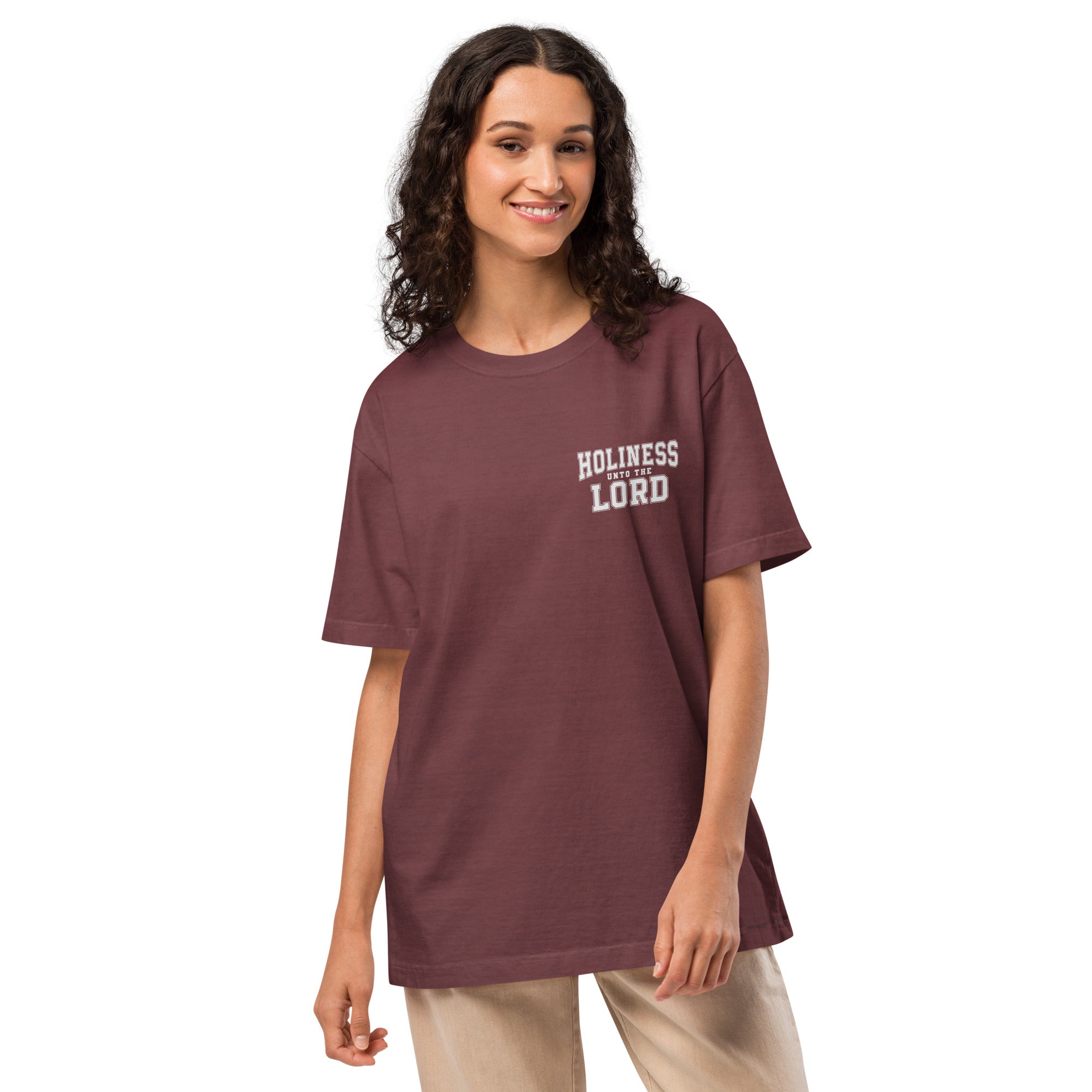 Image of Holiness Unto The Lord Christian clothing washed maroon front detail view — Entrusted to Him