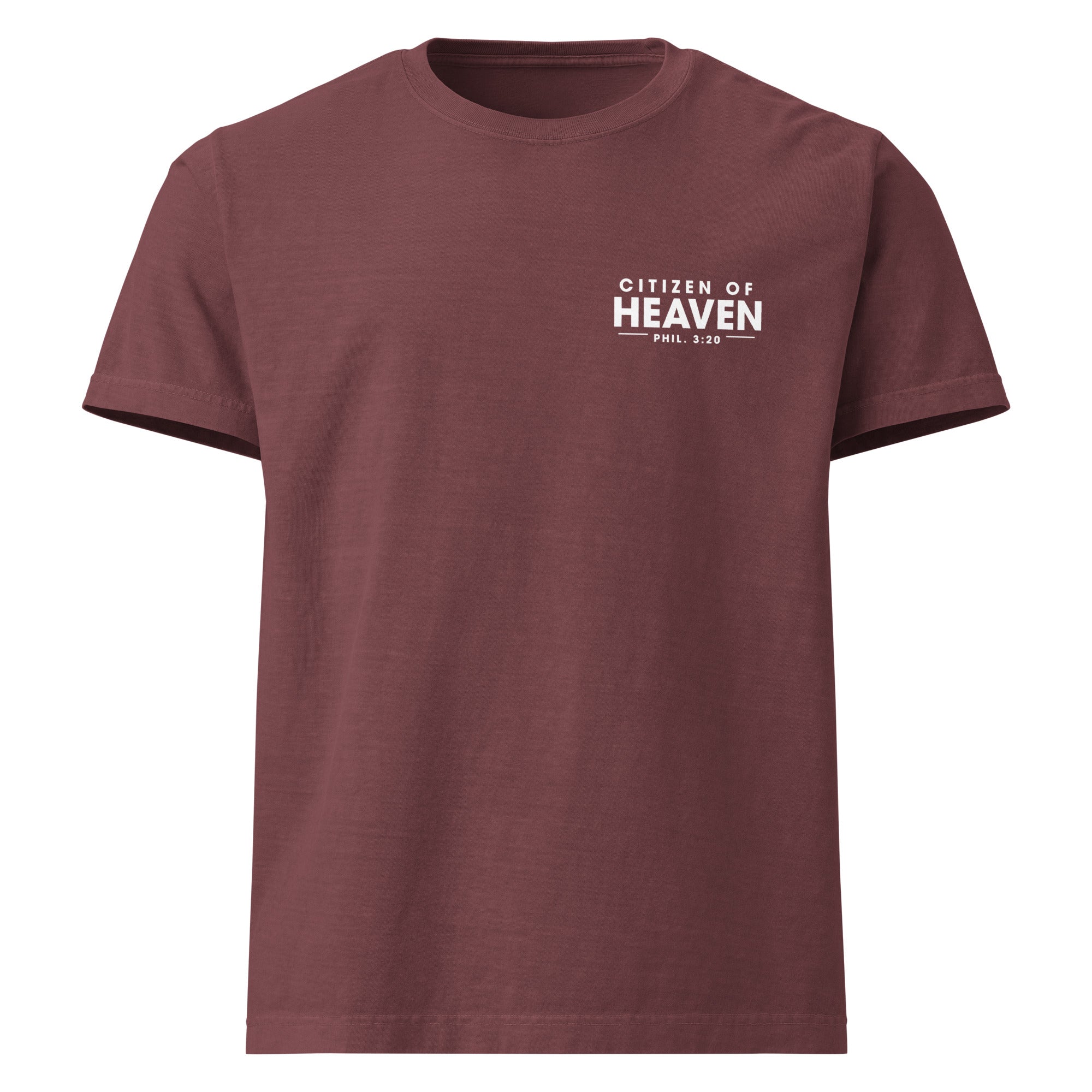Image of Citizen of Heaven Christian t-shirt washed maroon front view — Entrusted to Him