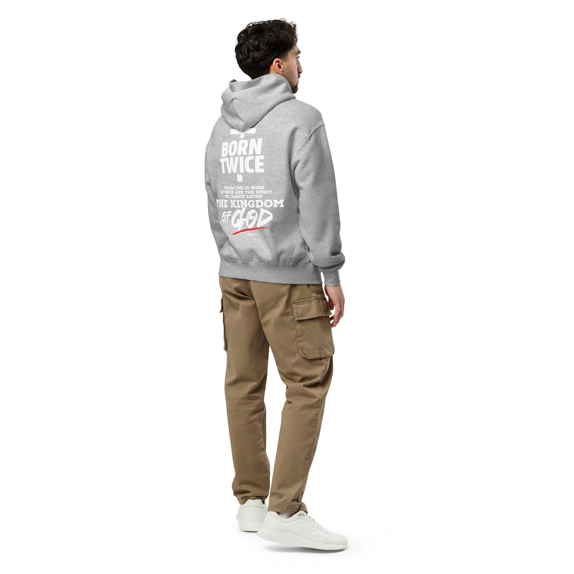 Image of Born Twice oversized Christian hoodie athletic heather back view — Entrusted to Him
