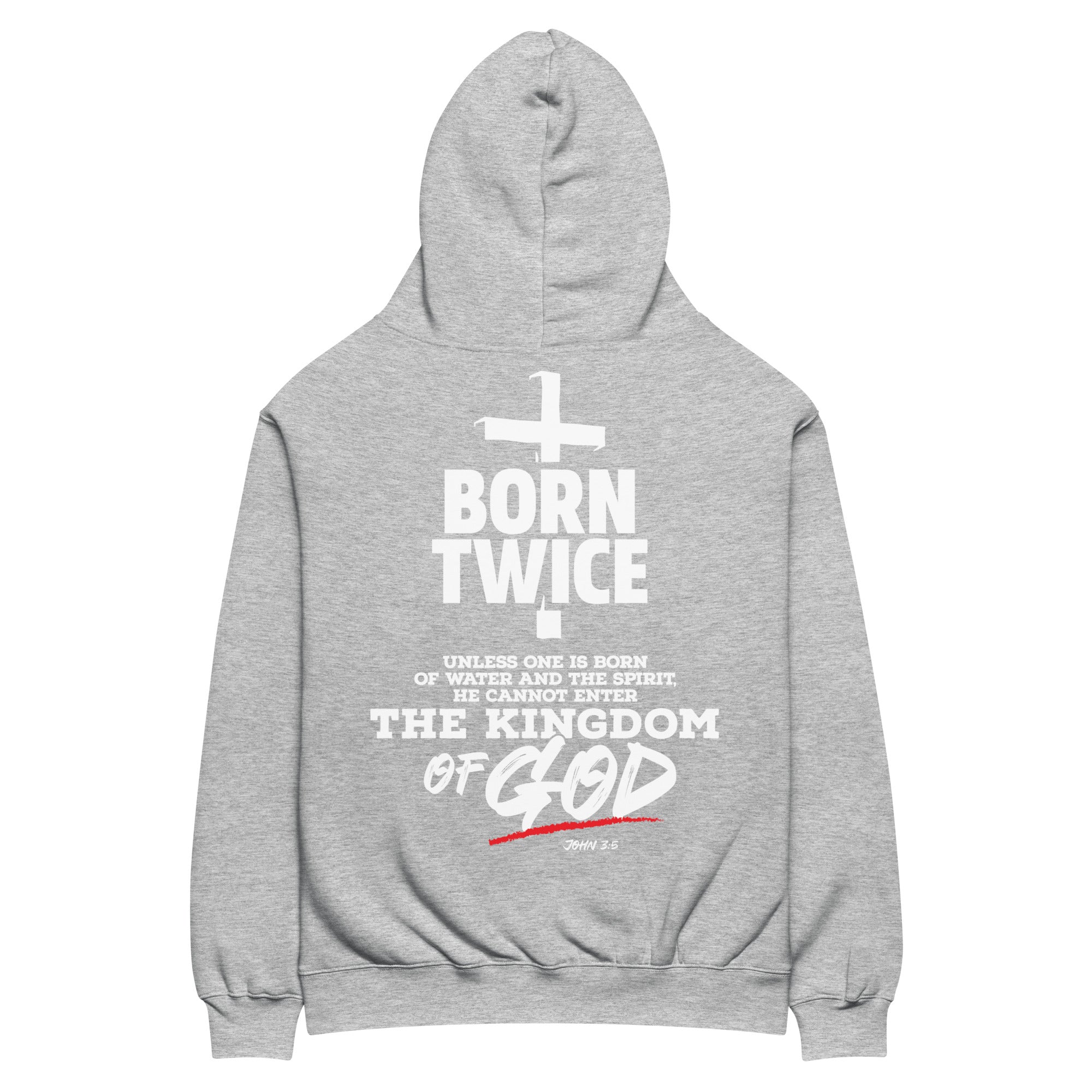 Image of Born Twice oversized Christian hoodie athletic heather back view — Entrusted to Him