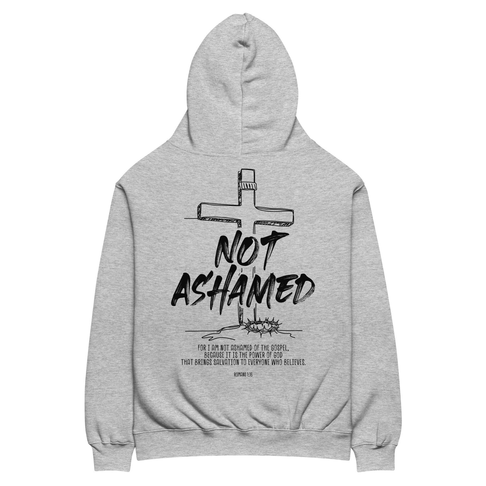 Image of Not Ashamed oversized Christian hoodie athletic heather back view — Entrusted to Him