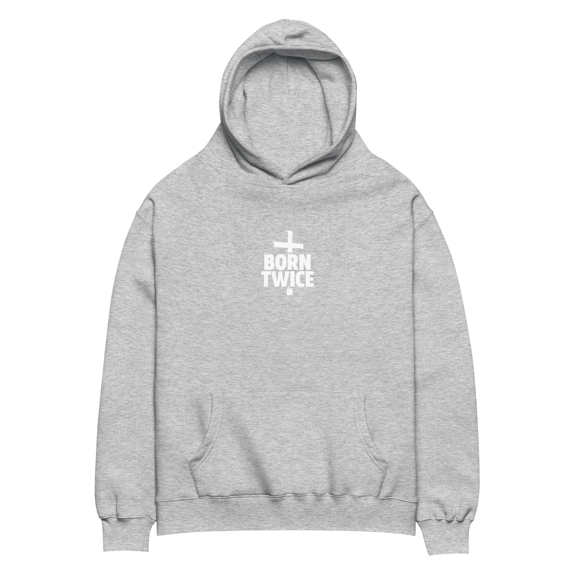 Image of Born Twice oversized faith-based hoodie athletic heather front view — Entrusted to Him