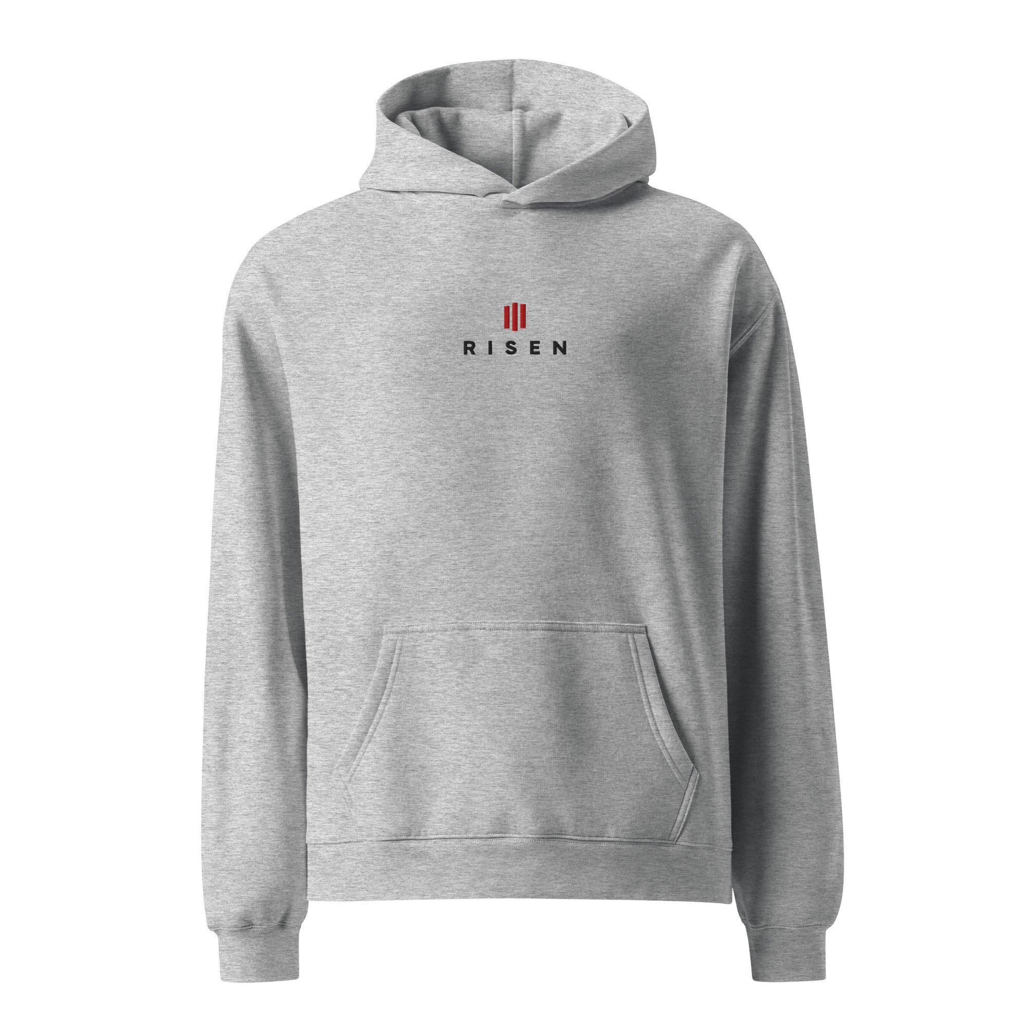 Image of Risen oversized Christian hoodie athletic heather front view — Entrusted to Him