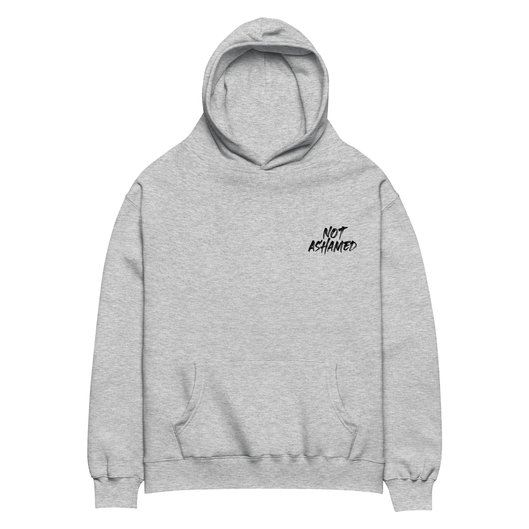 Image of Not Ashamed oversized Christian hoodie athletic heather front view — Entrusted to Him