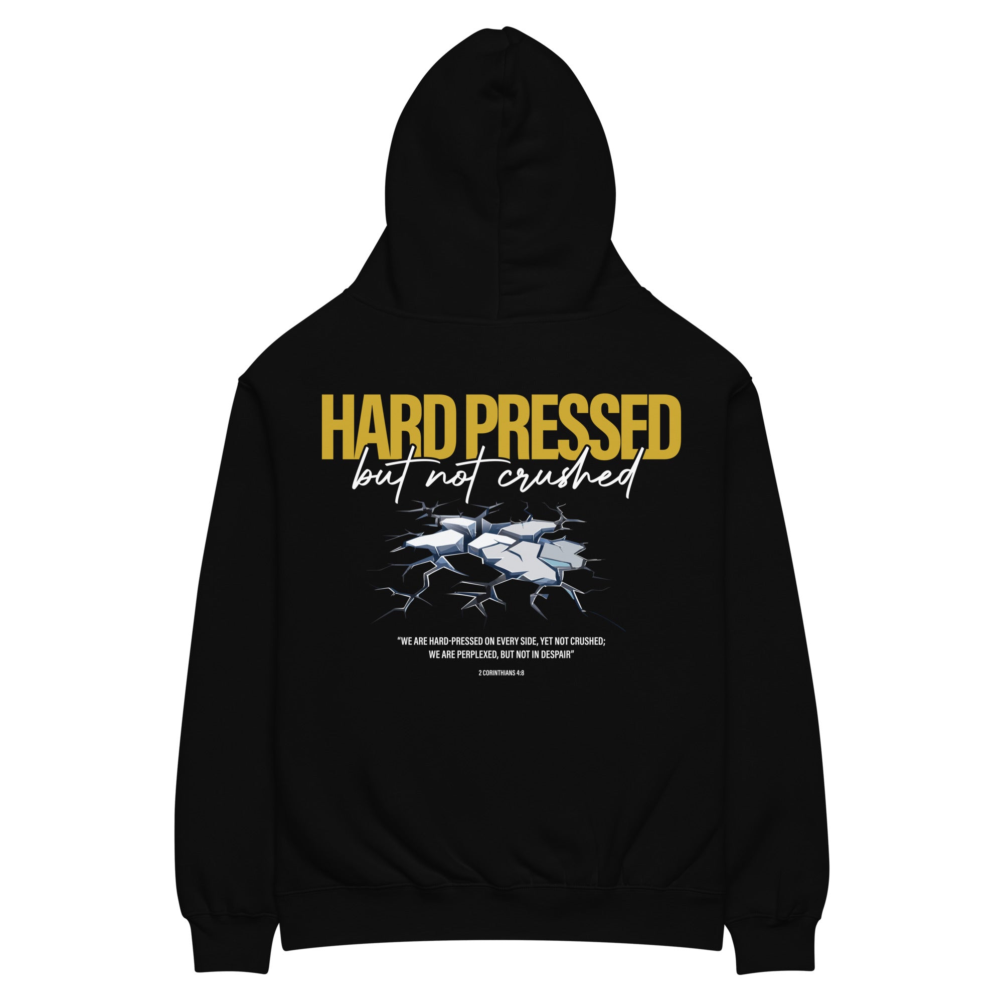 Image of Hard Pressed oversized Christian hoodie black back view — Entrusted to Him