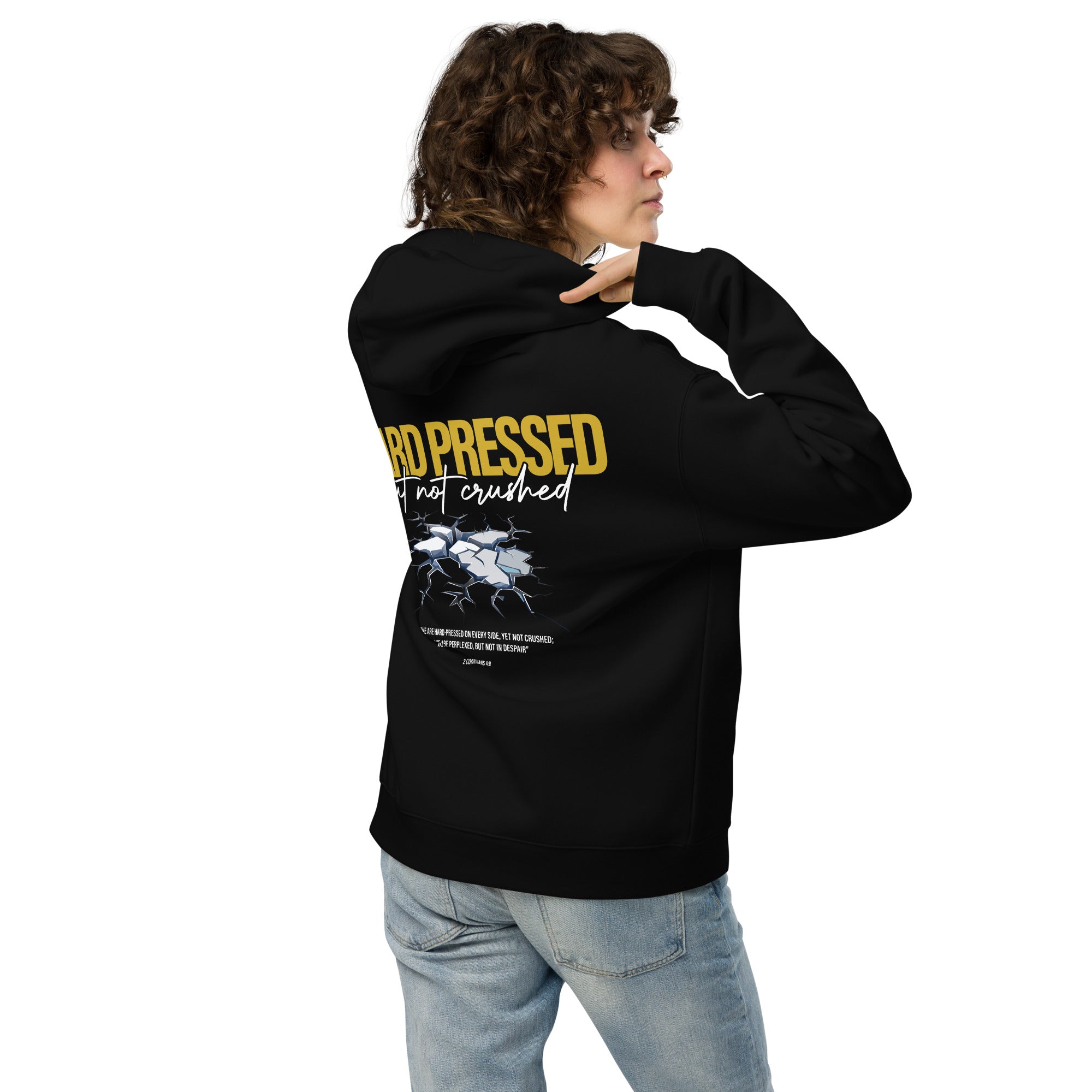 Image of Hard Pressed oversized Christian streetwear hoodie black back lifestyle — Entrusted to Him