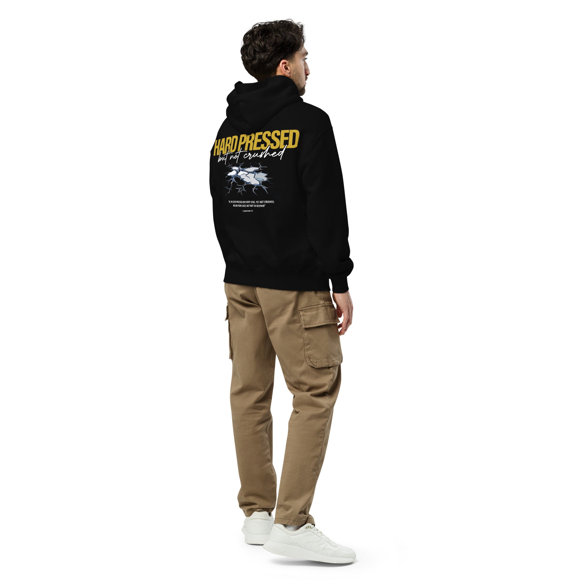 Image of Hard Pressed oversized Christian hoodie black back alternate — Entrusted to Him