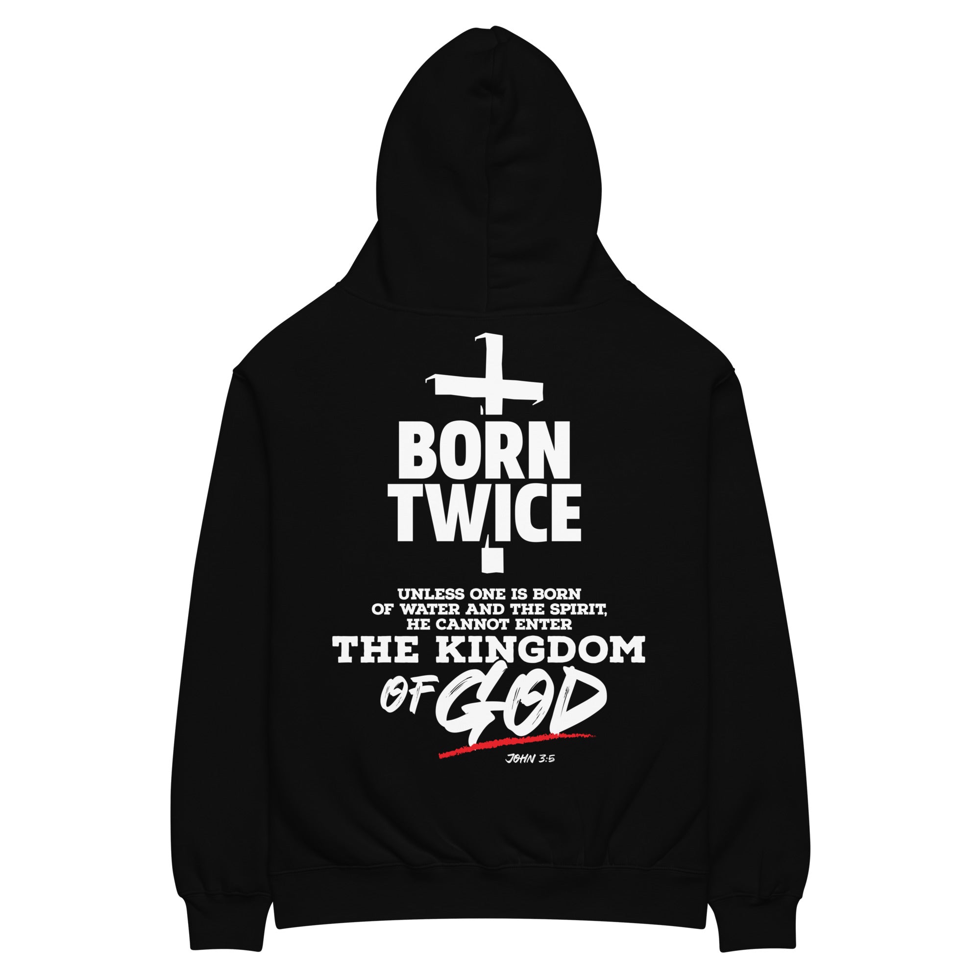 Image of Born Twice oversized Christian hoodie black back view — Entrusted to Him