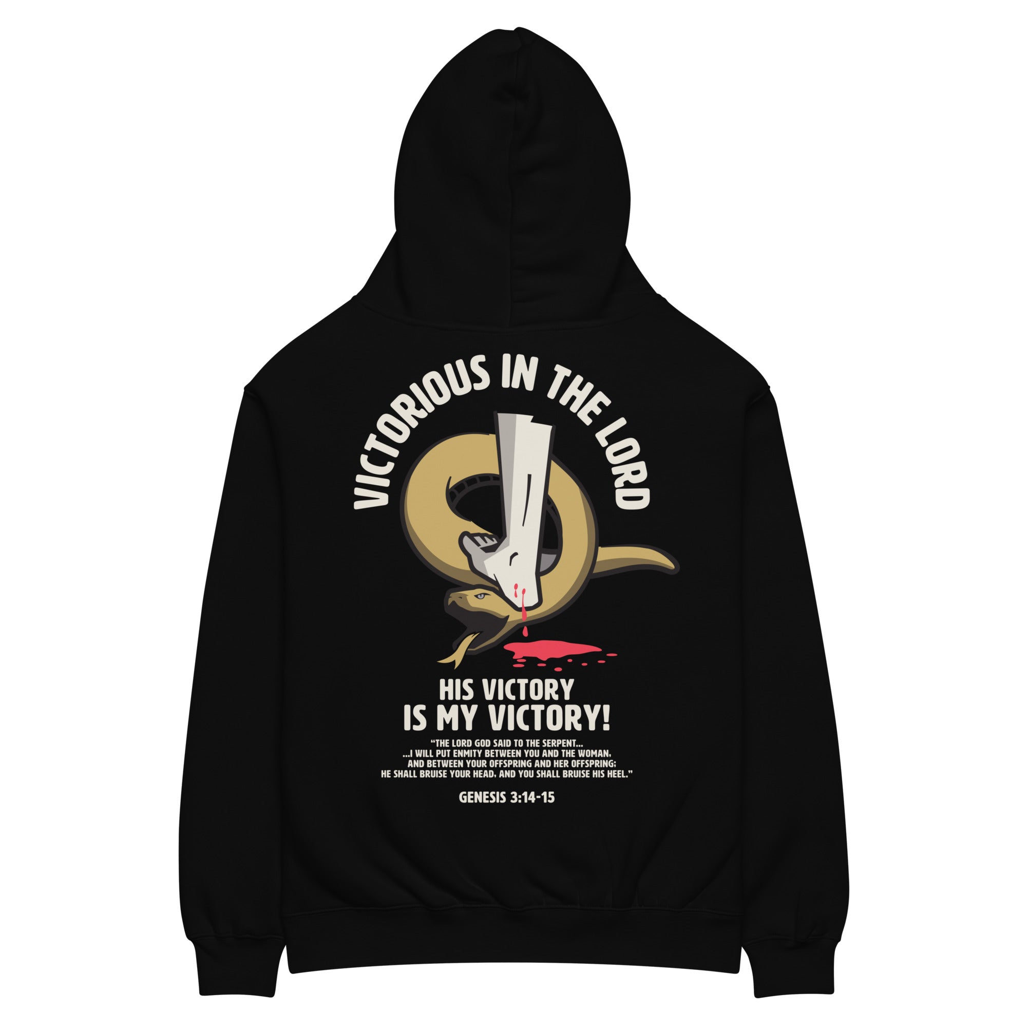 Image of Victorious in the Lord Oversized Christian hoodie black back — God hoodie faith-based apparel