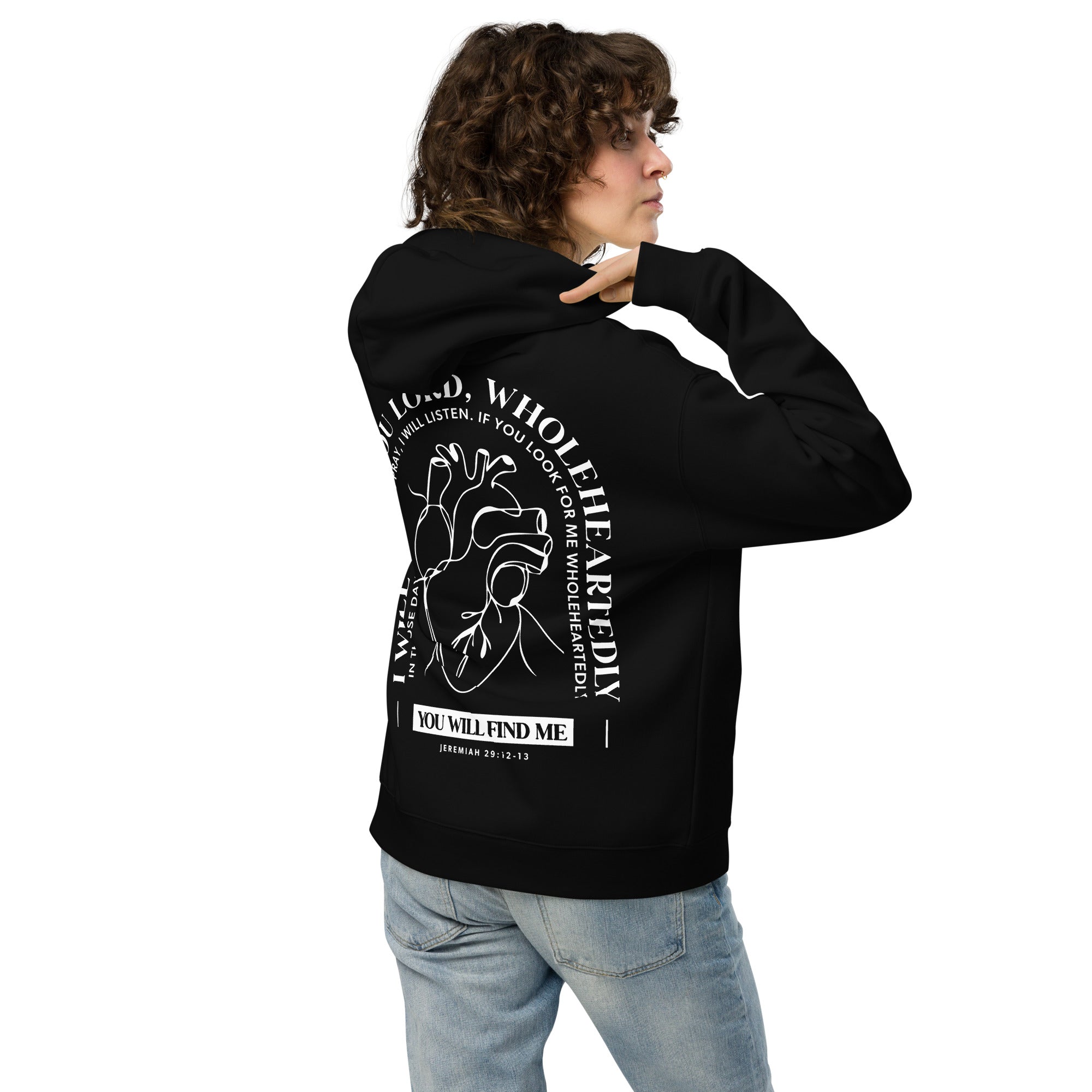 Image of Wholeheartedly Oversized Christian hoodie black back lifestyle — God hoodie faith-based apparel