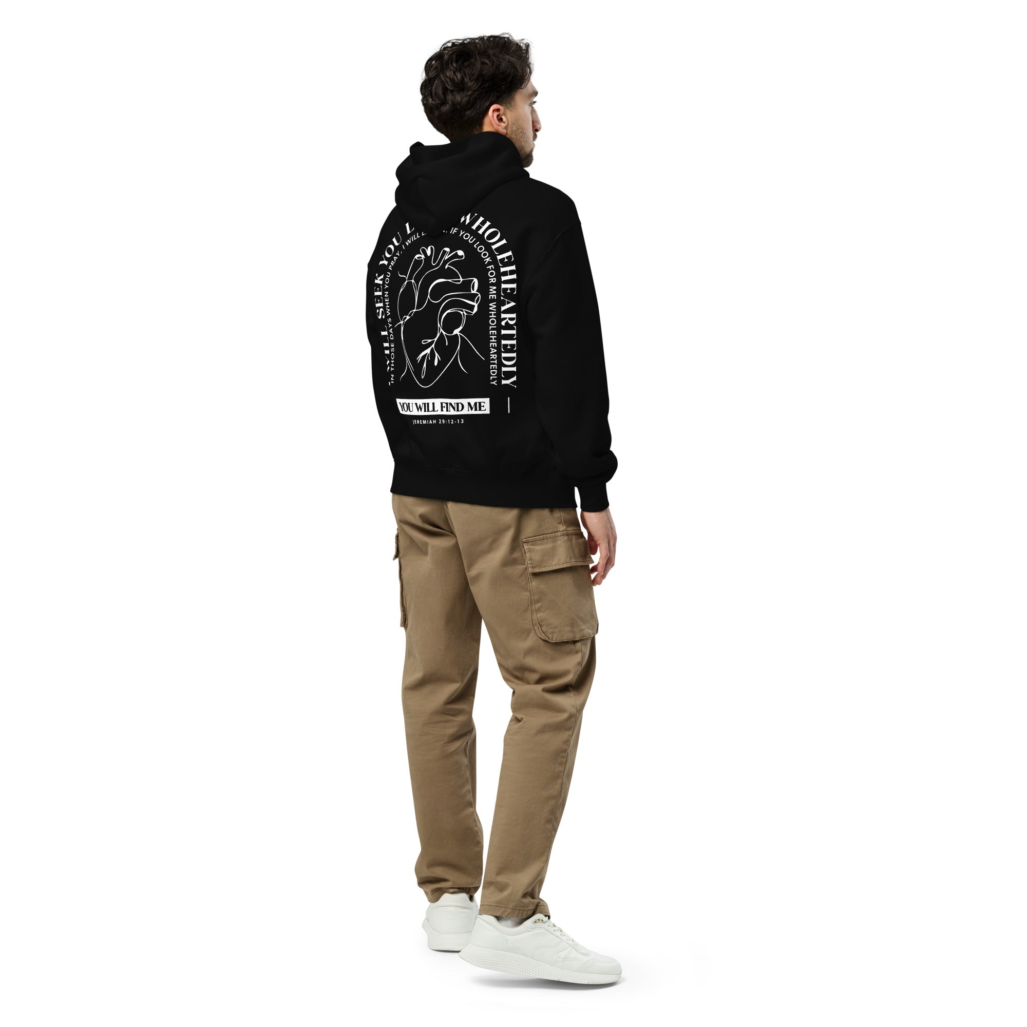 Image of Wholeheartedly Oversized black hoodie back detail — Jesus hoodie Christian streetwear Entrusted to Him