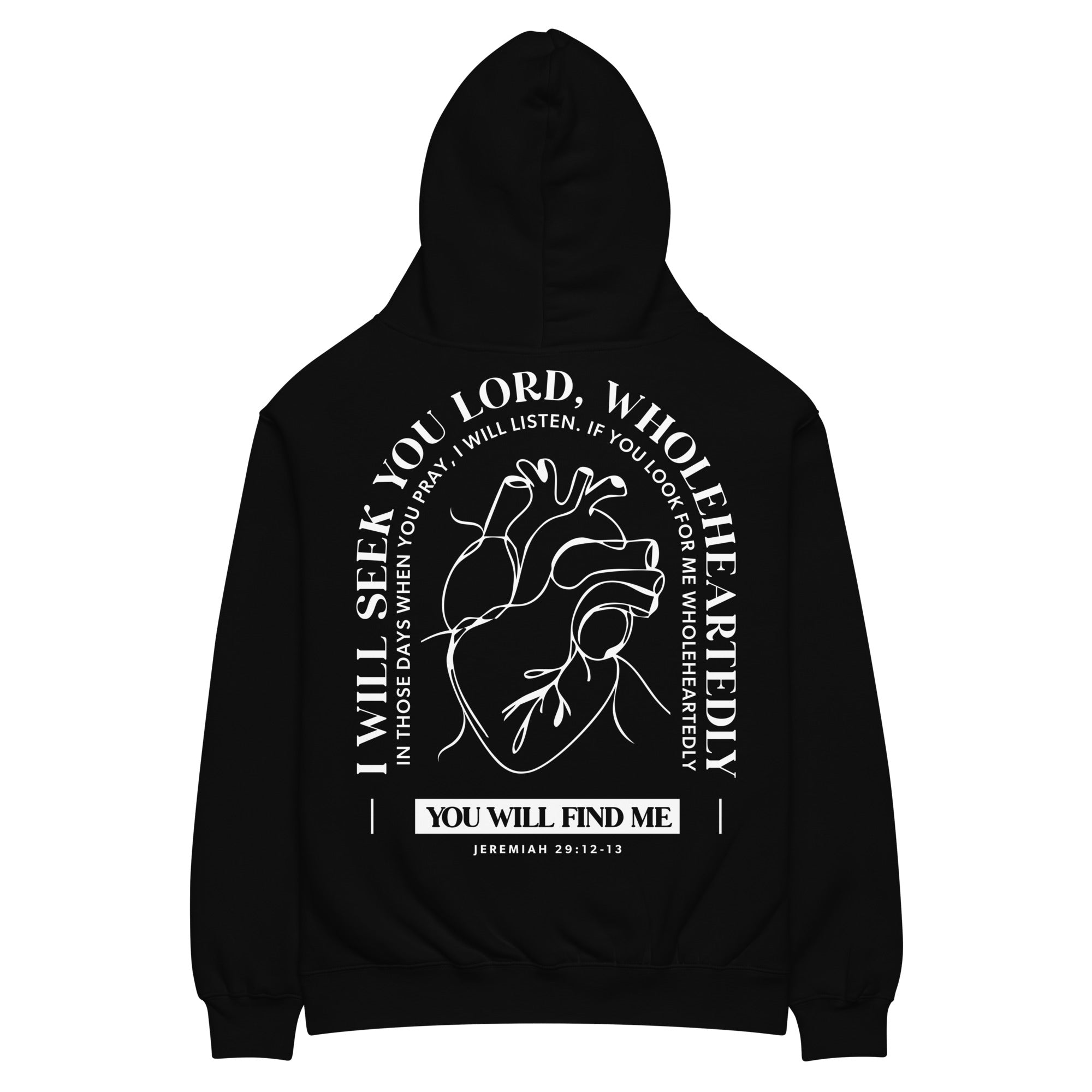 Image of Wholeheartedly Oversized Christian hoodie black back — faith-based hoodie Jeremiah 29:13 anatomical heart