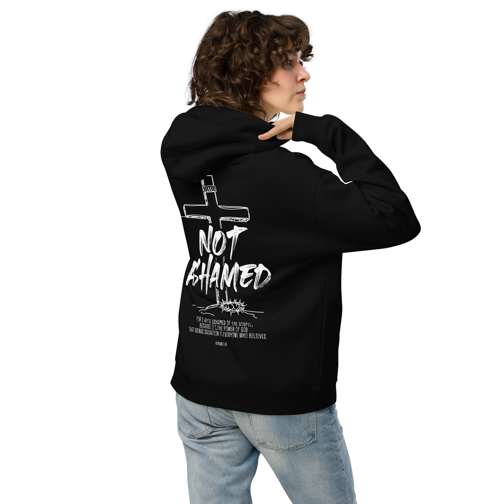 Image of Not Ashamed oversized Christian hoodie black back alternate — Entrusted to Him