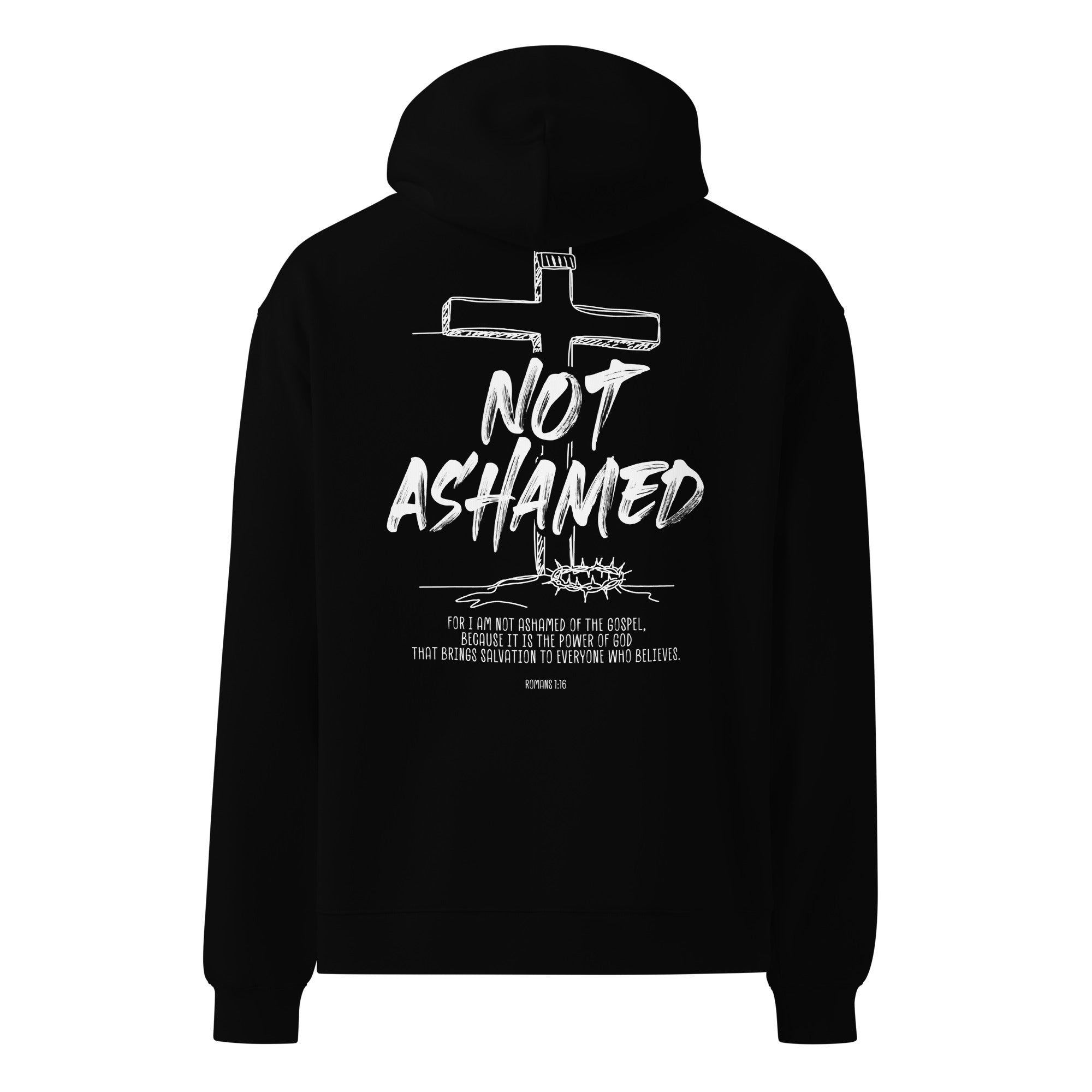Image of Not Ashamed oversized Christian hoodie black back close-up — Entrusted to Him