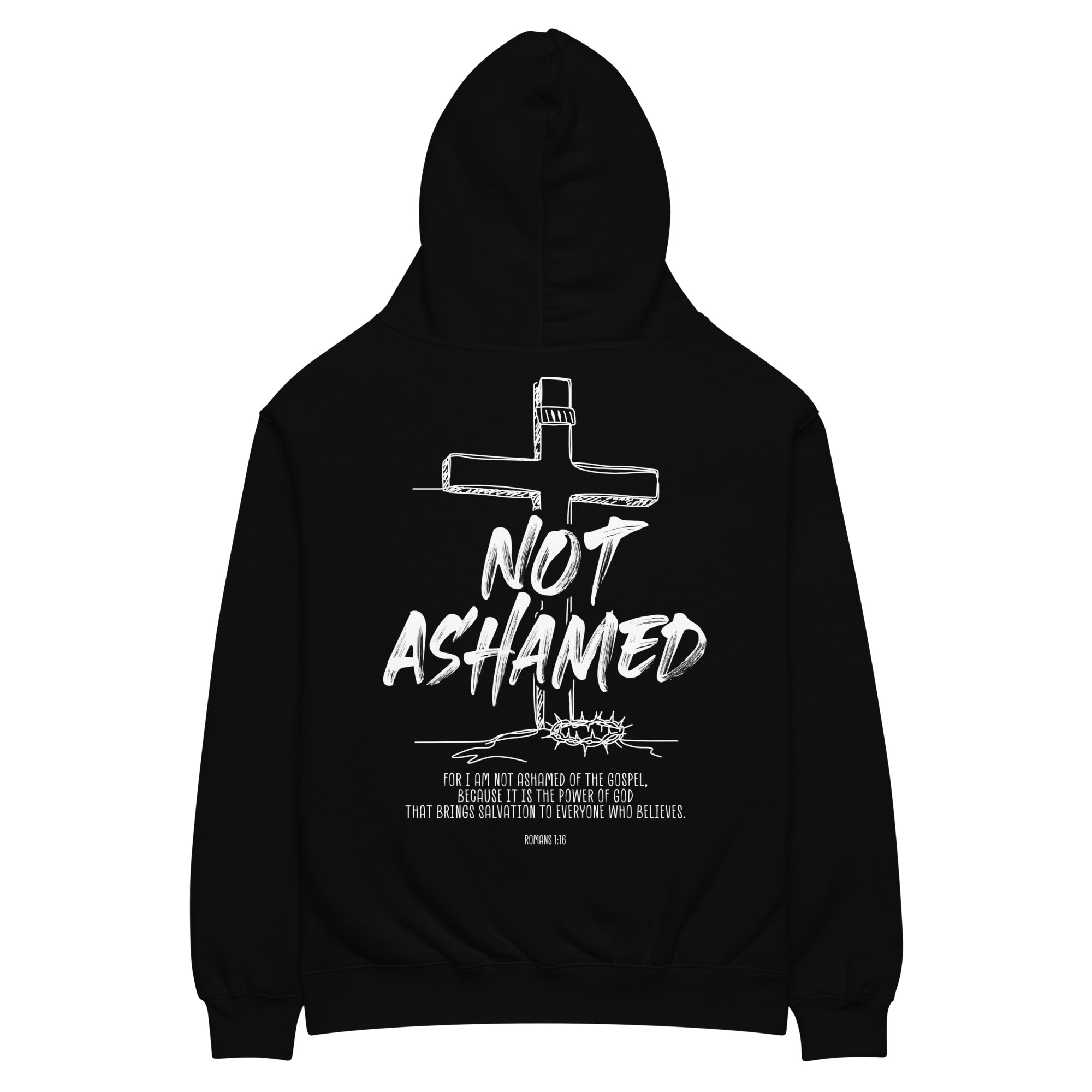Image of Not Ashamed oversized Christian hoodie black back view — Entrusted to Him