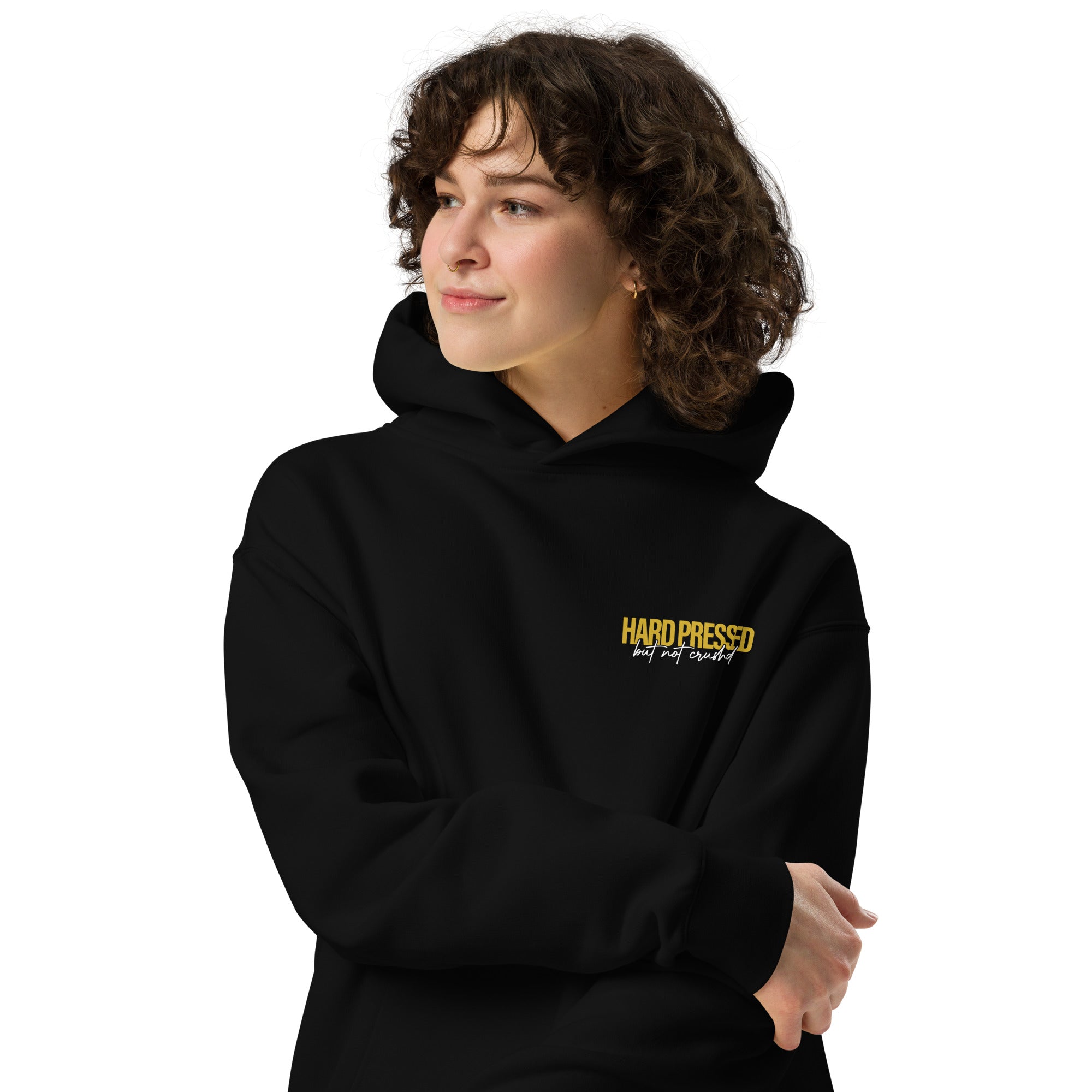 Image of Hard Pressed oversized Christian hoodie black front styled — Entrusted to Him
