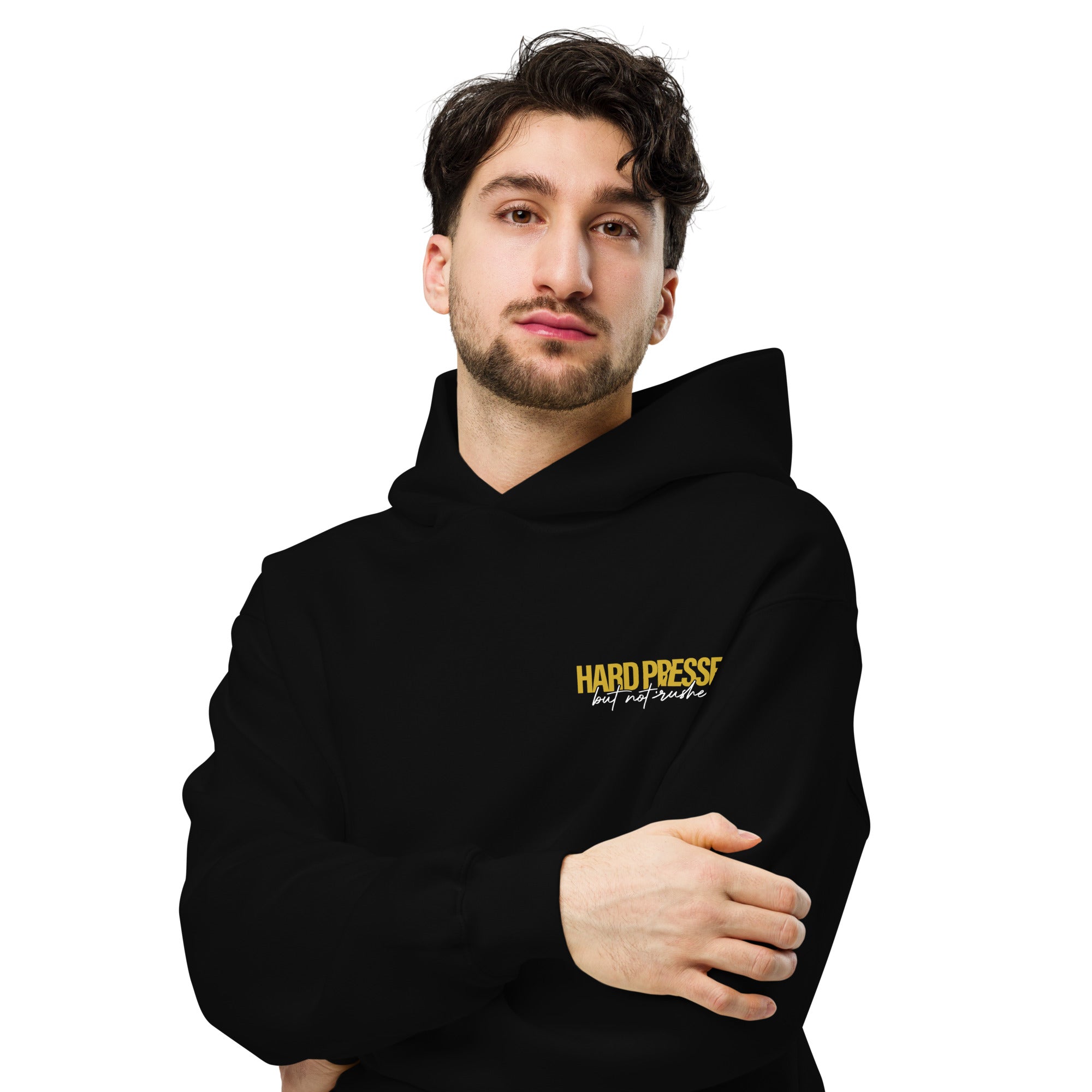 Image of Hard Pressed oversized Jesus hoodie black front lifestyle — Entrusted to Him