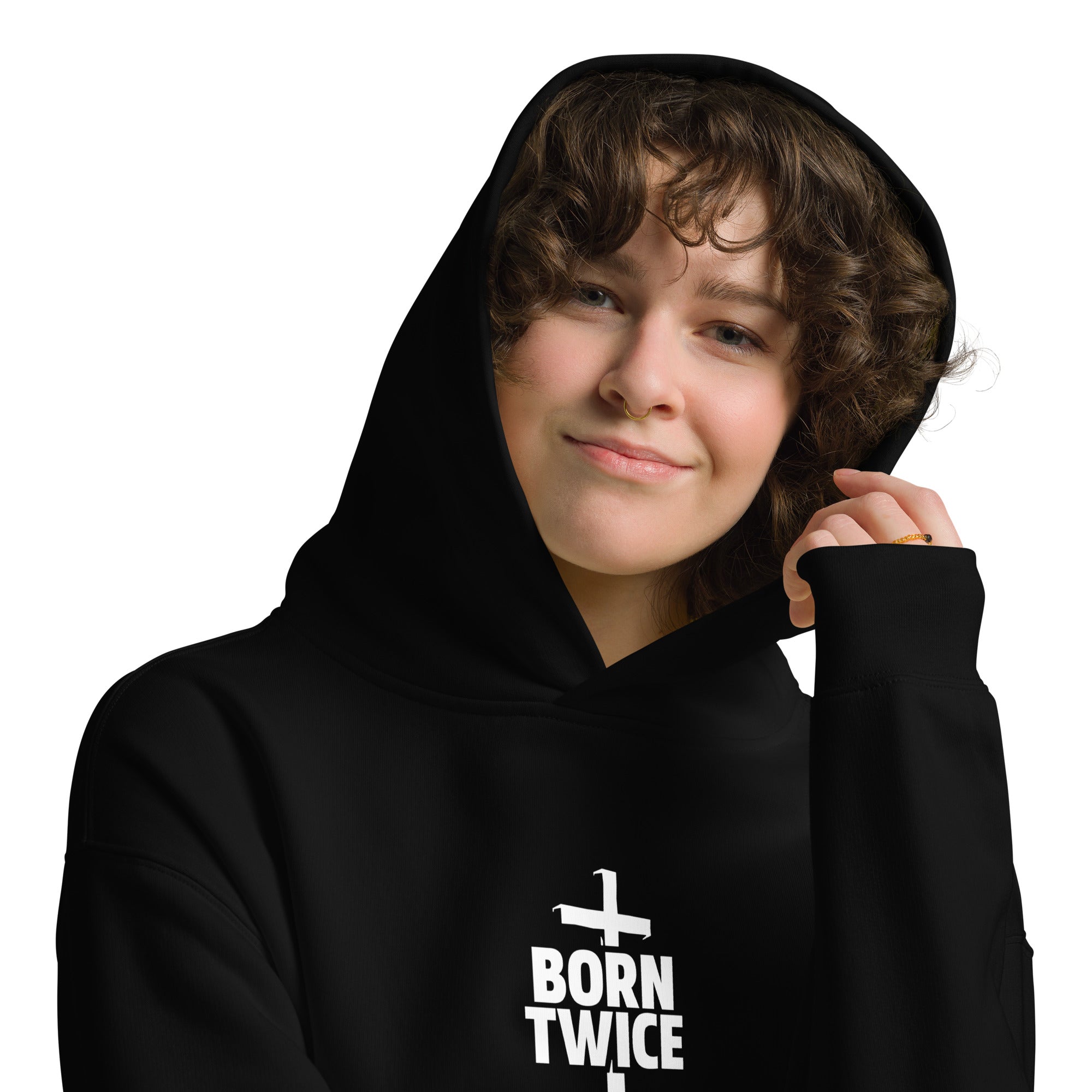 Image of Born Twice oversized faith-based hoodie black front styled — Entrusted to Him